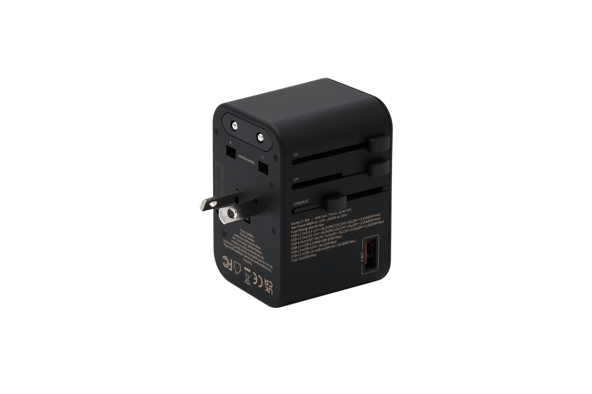 The JOWUA 65W GaN Travel Adapter features a black, compact design with slide-out prongs, voltage and safety labeling, a partially extended plug, fast USB charging, and international compatibility.
