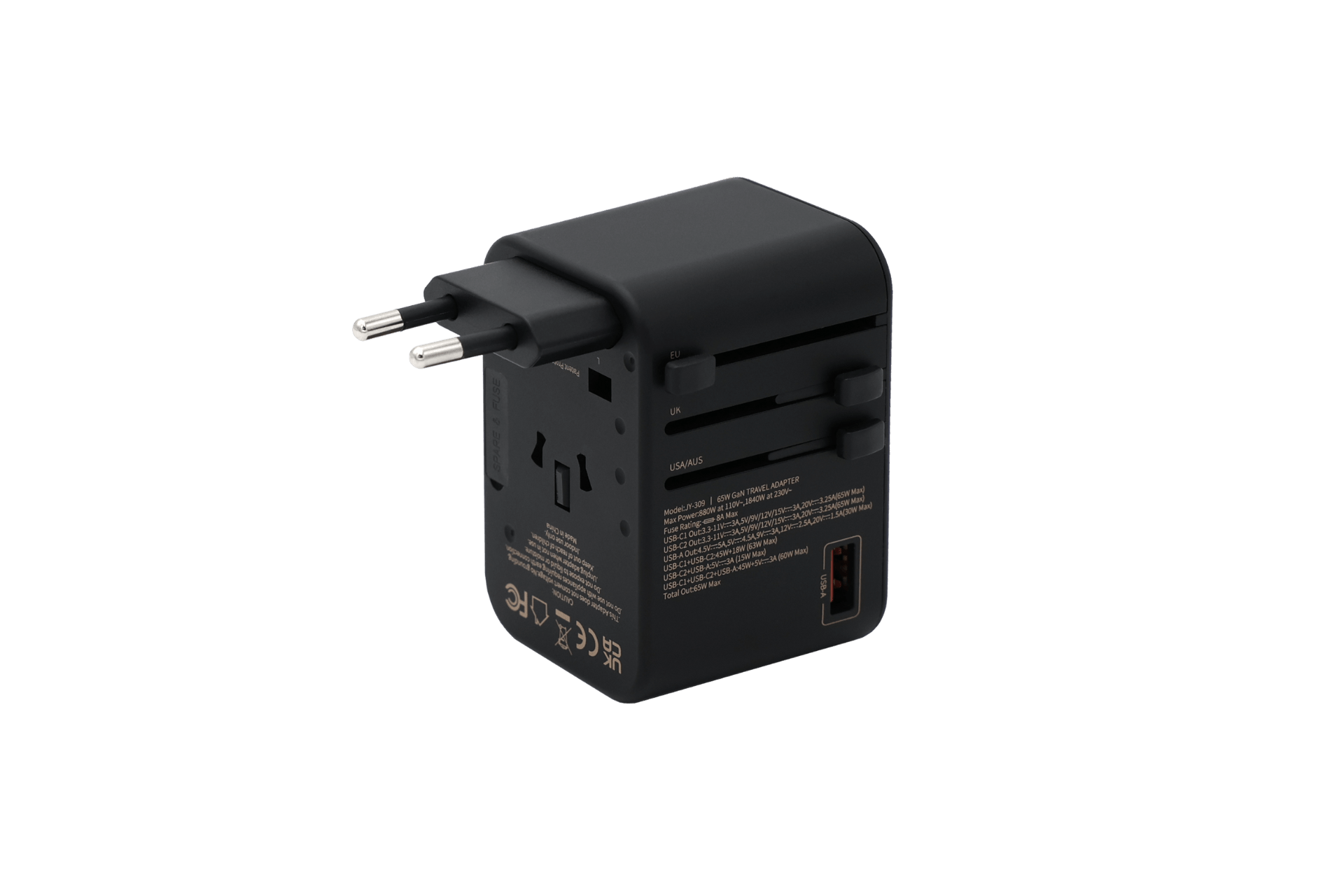 The JOWUA 65W GaN Travel Adapter is a black fast charger for international use, featuring multiple plug types, a USB port, and sliding side switches.