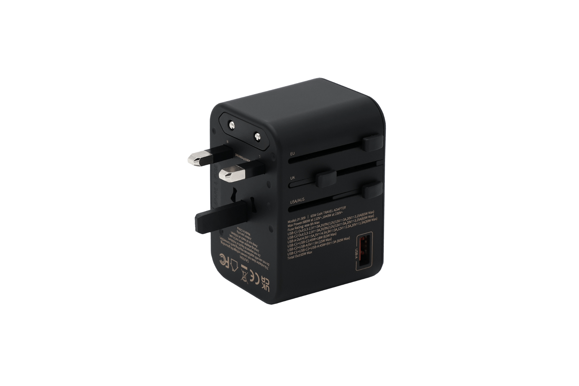 The JOWUA 65W GaN Travel Adapter is a black charger with retractable prongs, multiple plug options, fast side USB charging, and certification symbols for international use.