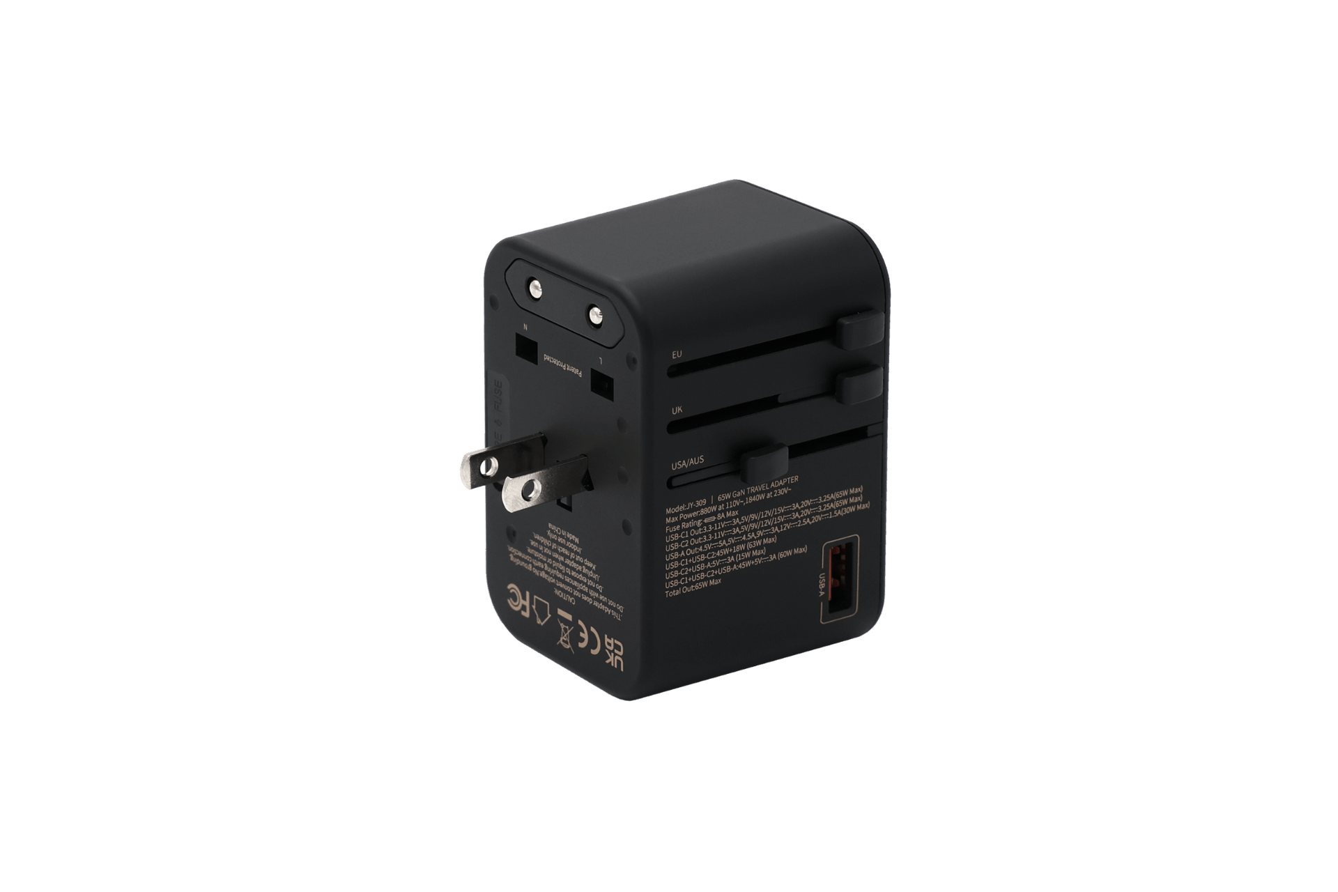 The JOWUA 65W GaN Travel Adapter features retractable international plugs, a USB port, clearly labeled region switches, and supports fast charging. The black universal adapter stands upright against a white background.
