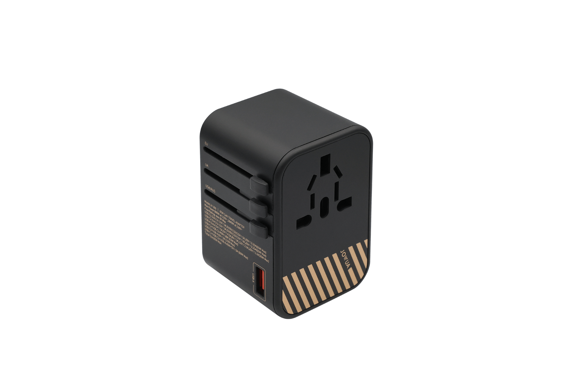 The JOWUA 65W GaN Travel Adapter is a black charger with gold diagonal stripes, one USB port, and multiple plug options, offering fast international charging with various socket shapes for use anywhere.