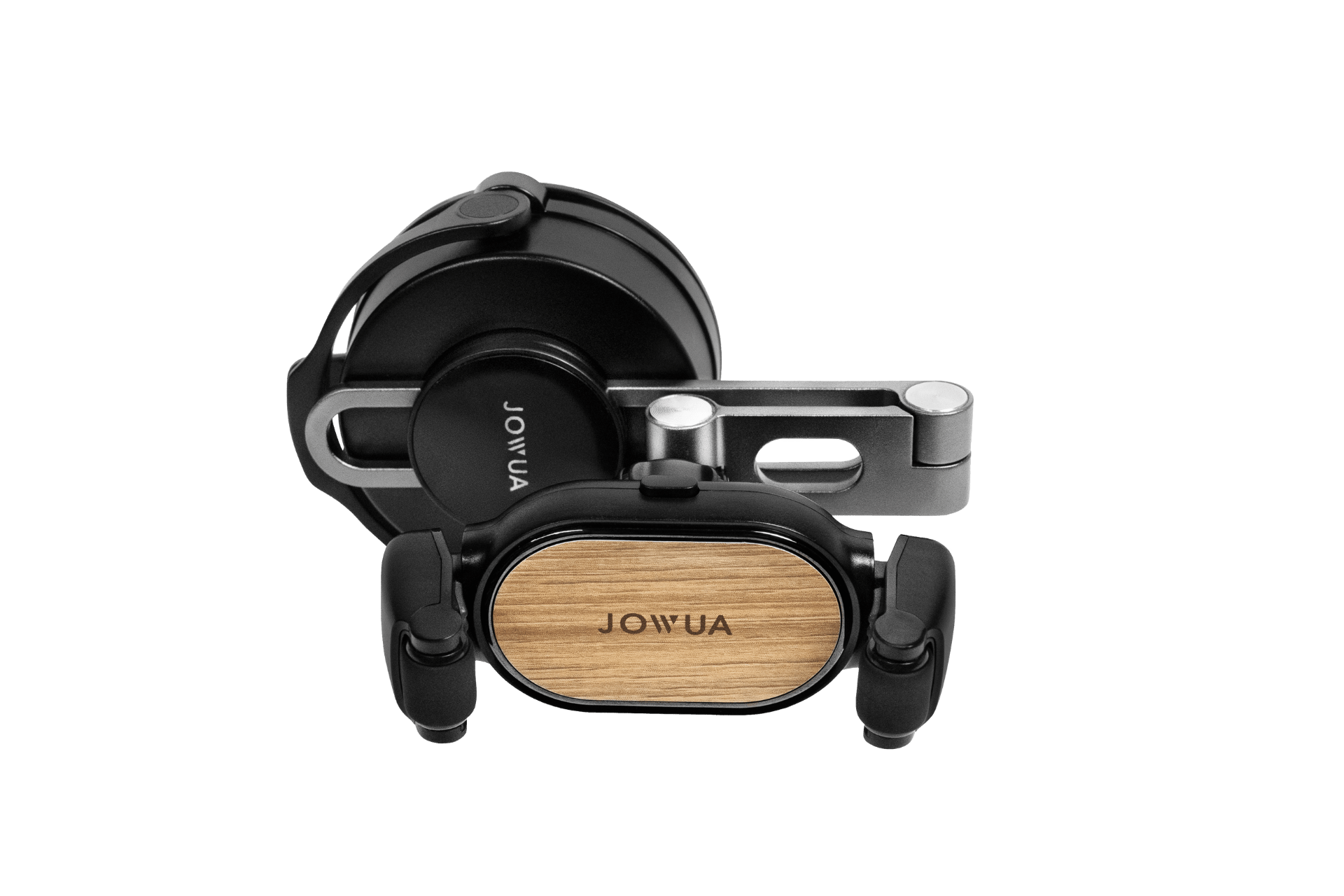 The JOWUA 6D Invisible Foldaway Car Mount, a black phone holder with adjustable arms and a wood-textured panel, features an innovative design with a suction cup mount and swivel arm for flexible positioning. It's crafted from durable materials and displayed against a plain white background.