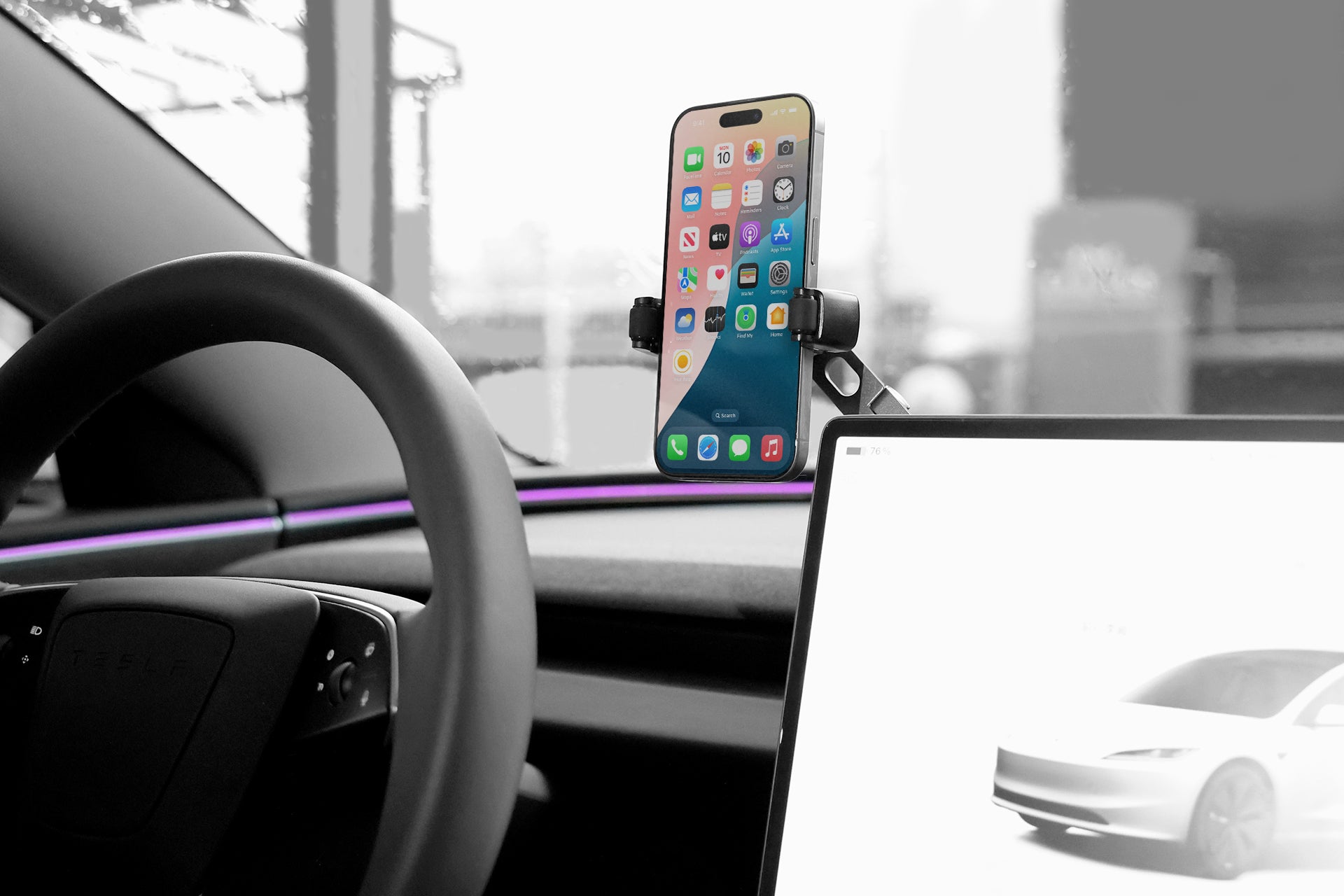 Inside the car, an innovative design features the JOWUA 6D Invisible Foldaway Car Mount with a smartphone on the dashboard displaying apps, alongside a touchscreen with a vehicle image. The focus remains on durable materials as blurred scenery rushes by outside.