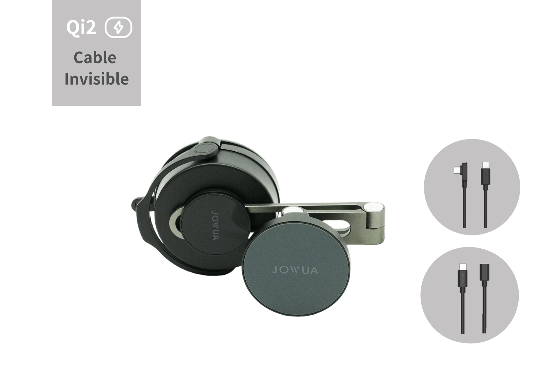 A JOWUA 6D Tesla Compatible Invisible Foldaway Car Mount Qi2 Wireless Charger (MagSafe) is shown, with icons for USB-C to Lightning and USB-C to USB-C cables. The "Qi2 Cable Invisible" label highlights seamless integration for Tesla S/3/X/Y/Cybertruck.