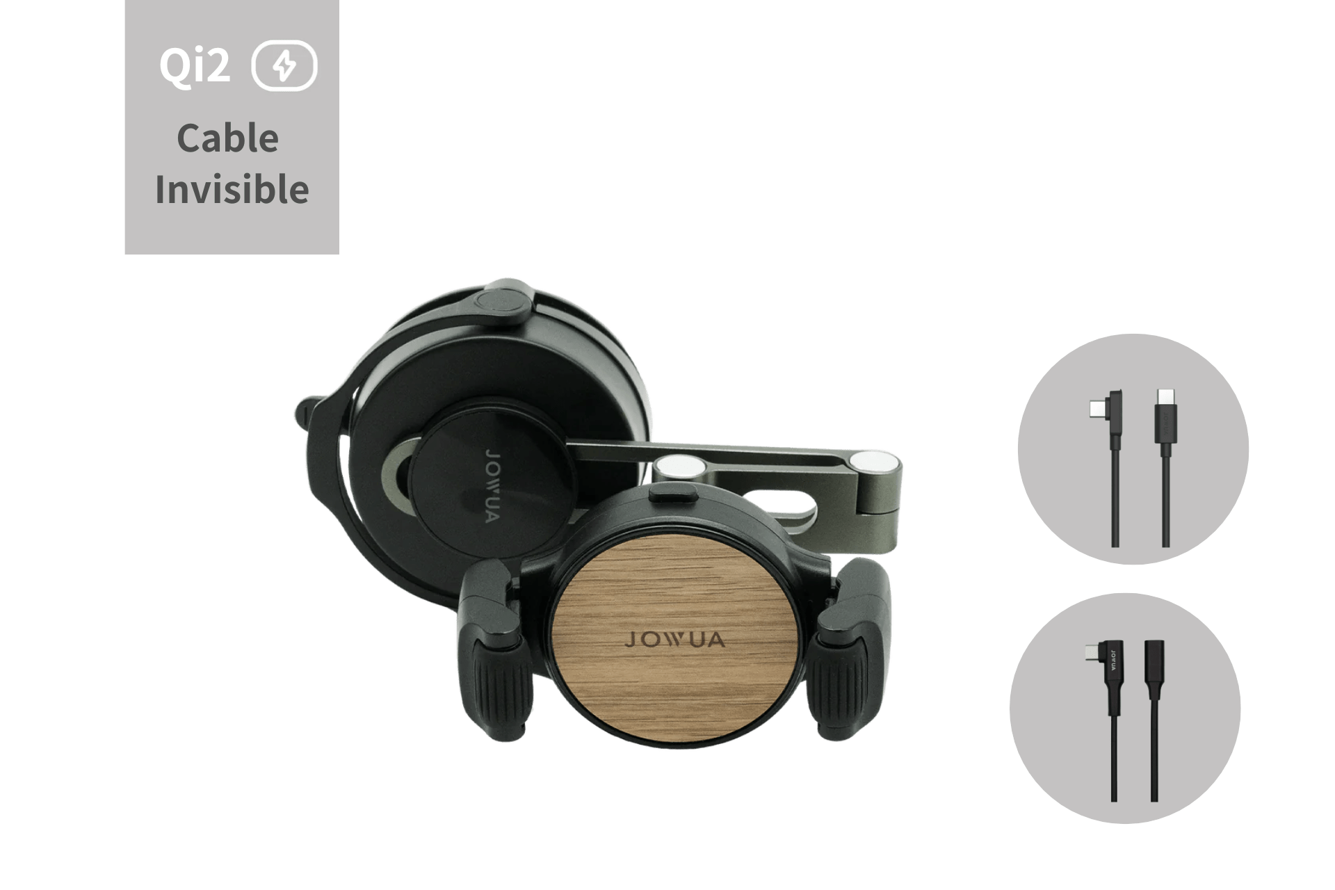 The JOWUA 6D Tesla Compatible Invisible Foldaway Car Mount Qi2 Wireless Charger features a compact, wooden-accented design with MagSafe wireless charging and invisible cable management, compatible with Lightning and USB-C for S/3/X/Y/Cybertruck.