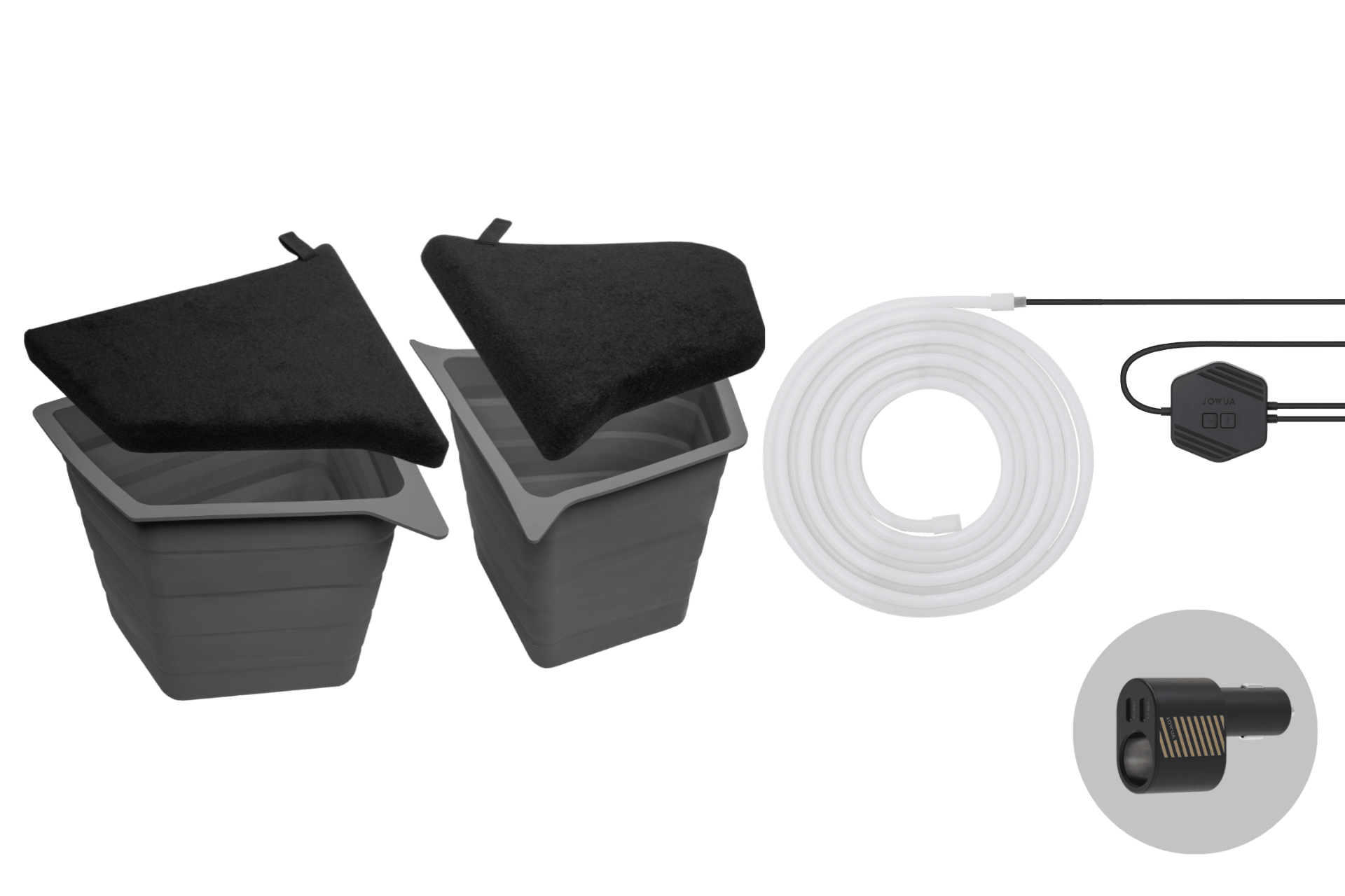 Set includes two collapsible black LED trunk storage bins with matching lids, a coiled white hose, a compact black electronic unit with cable, and a detailed view of a round black connector—all from JOWUA’s LED Trunk Storage Bins Bundle for Model Y (2018-2024). Perfect for organizing essentials in your Tesla Model Y trunk organizer or storage bin.