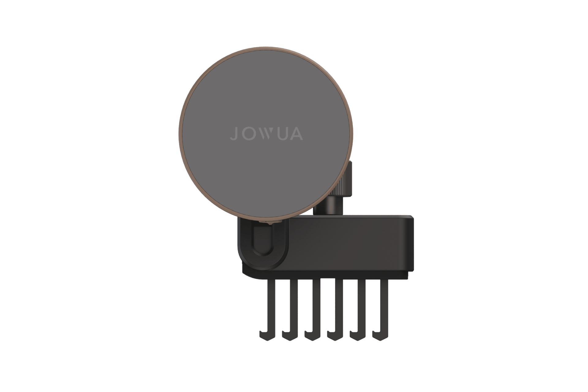 The JOWUA Active Cooling MagSafe Car Mount for Air Vents (Model 3/Y 2018-2024) is a black and gray accessory with a round, branded surface, featuring multiple prongs for organizing small items or cables.