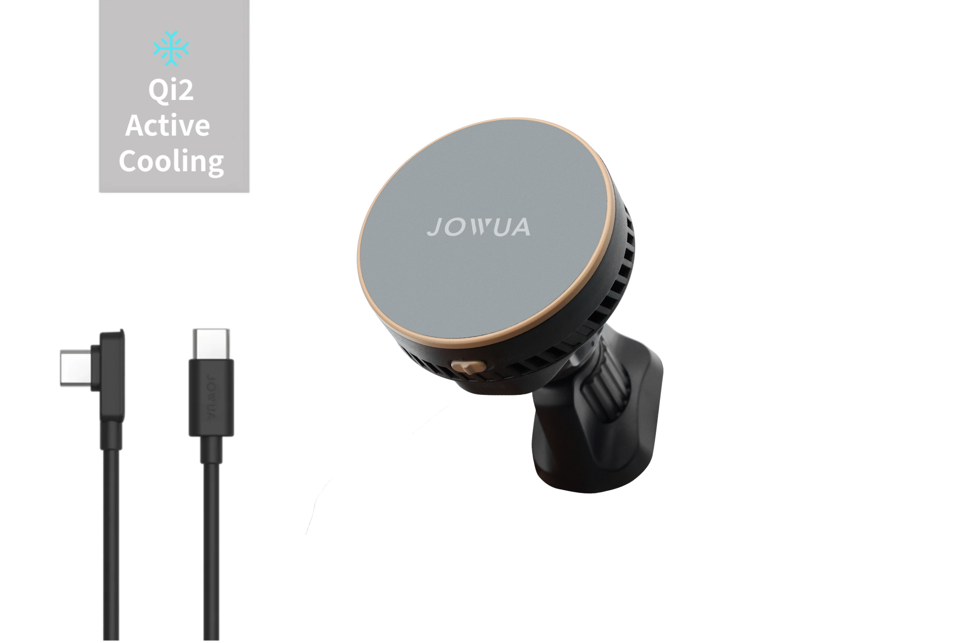 The JOWUA Active Cooling Universal MagSafe Car Mount for Air Vents, shown on a white background, features a dual cooling system and USB-C cable. A corner label reads "Qi2 Active Cooling" with a snowflake icon.