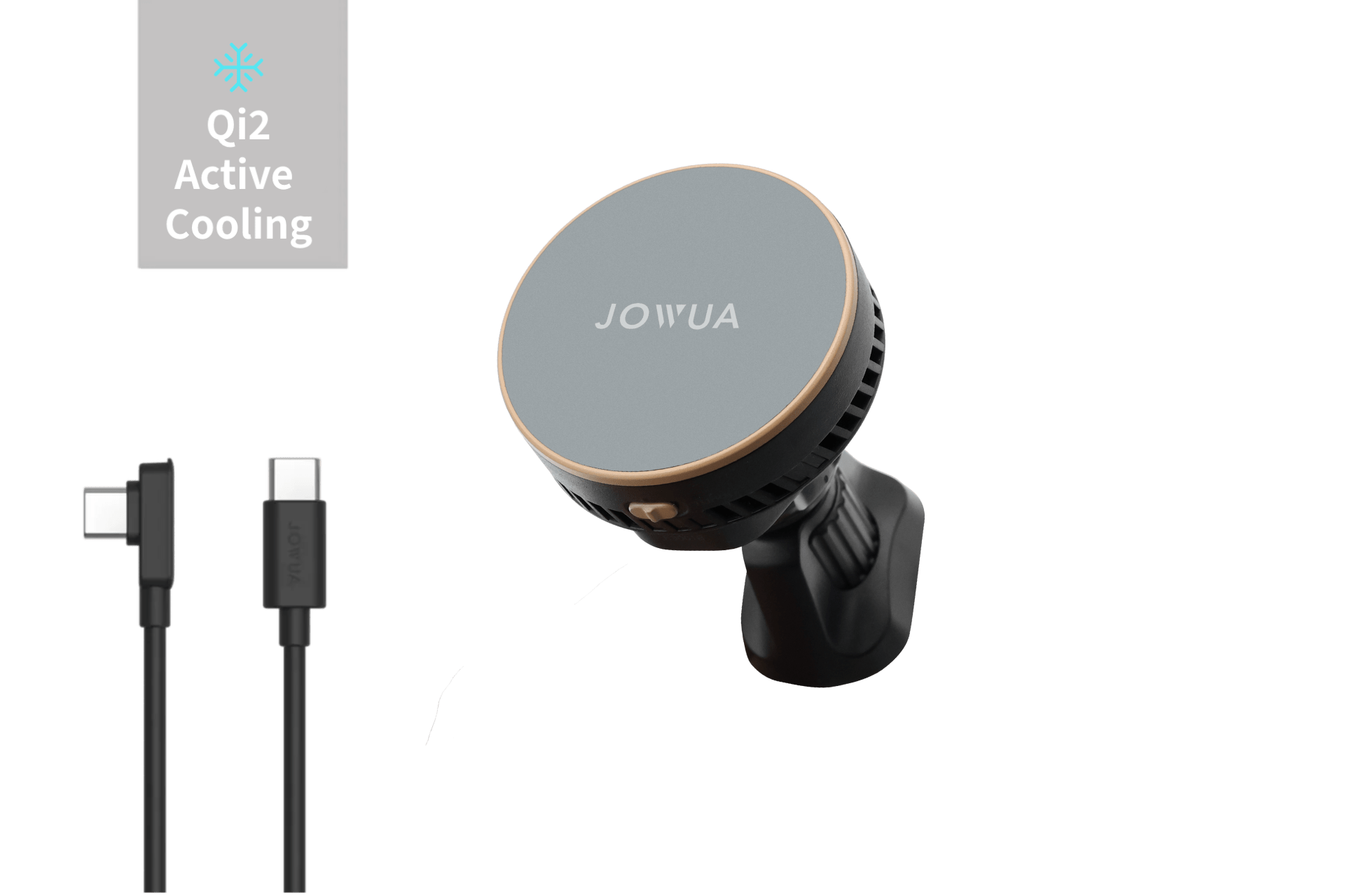 The JOWUA Active Cooling Universal MagSafe Car Mount for Air Vents, shown on a white background, features a dual cooling system and USB-C cable. A corner label reads "Qi2 Active Cooling" with a snowflake icon.
