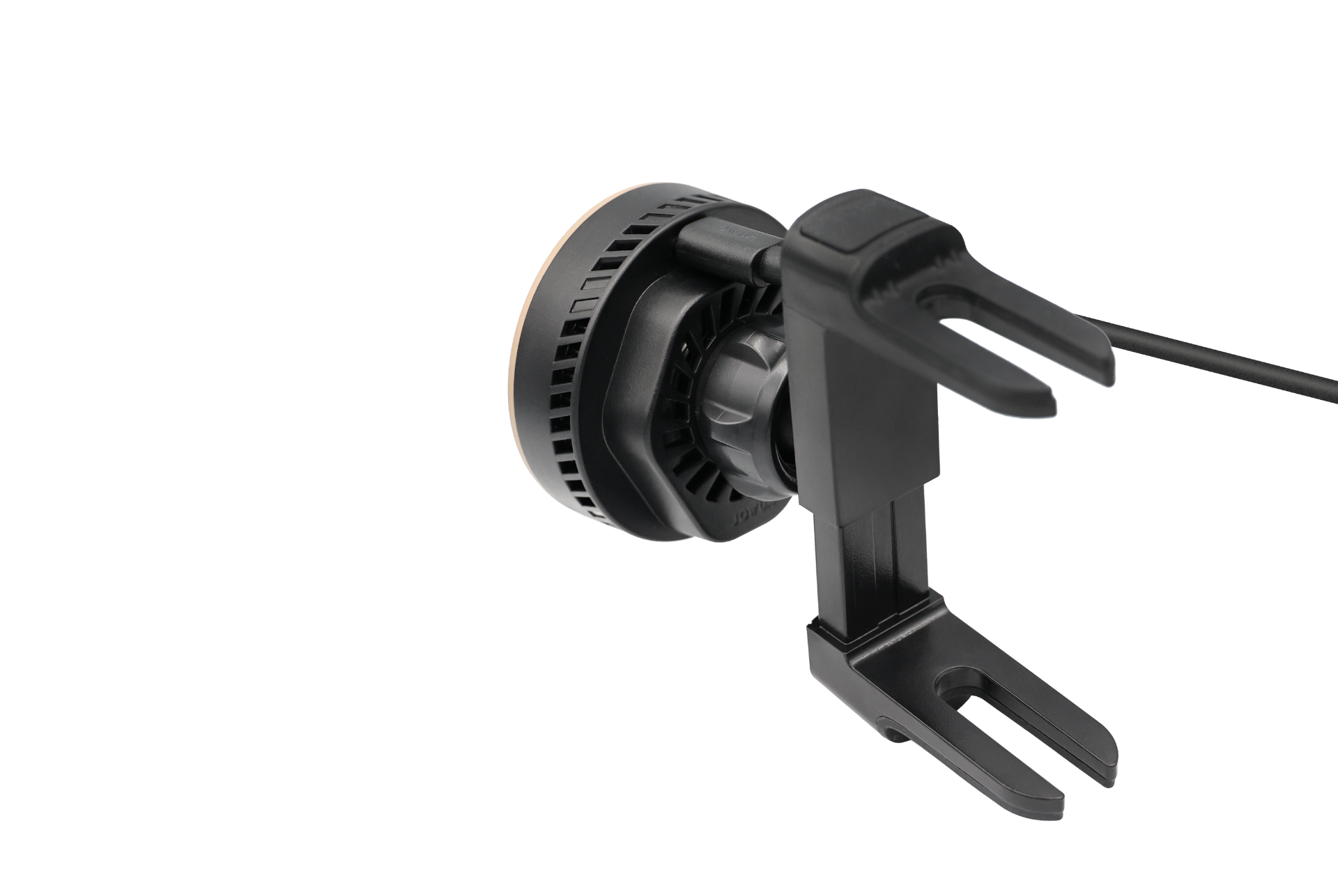 Close-up of the JOWUA Active Cooling Universal MagSafe Car Mount for Air Vents, in black, featuring adjustable design and integrated MagSafe wireless charger, set against a plain white background.