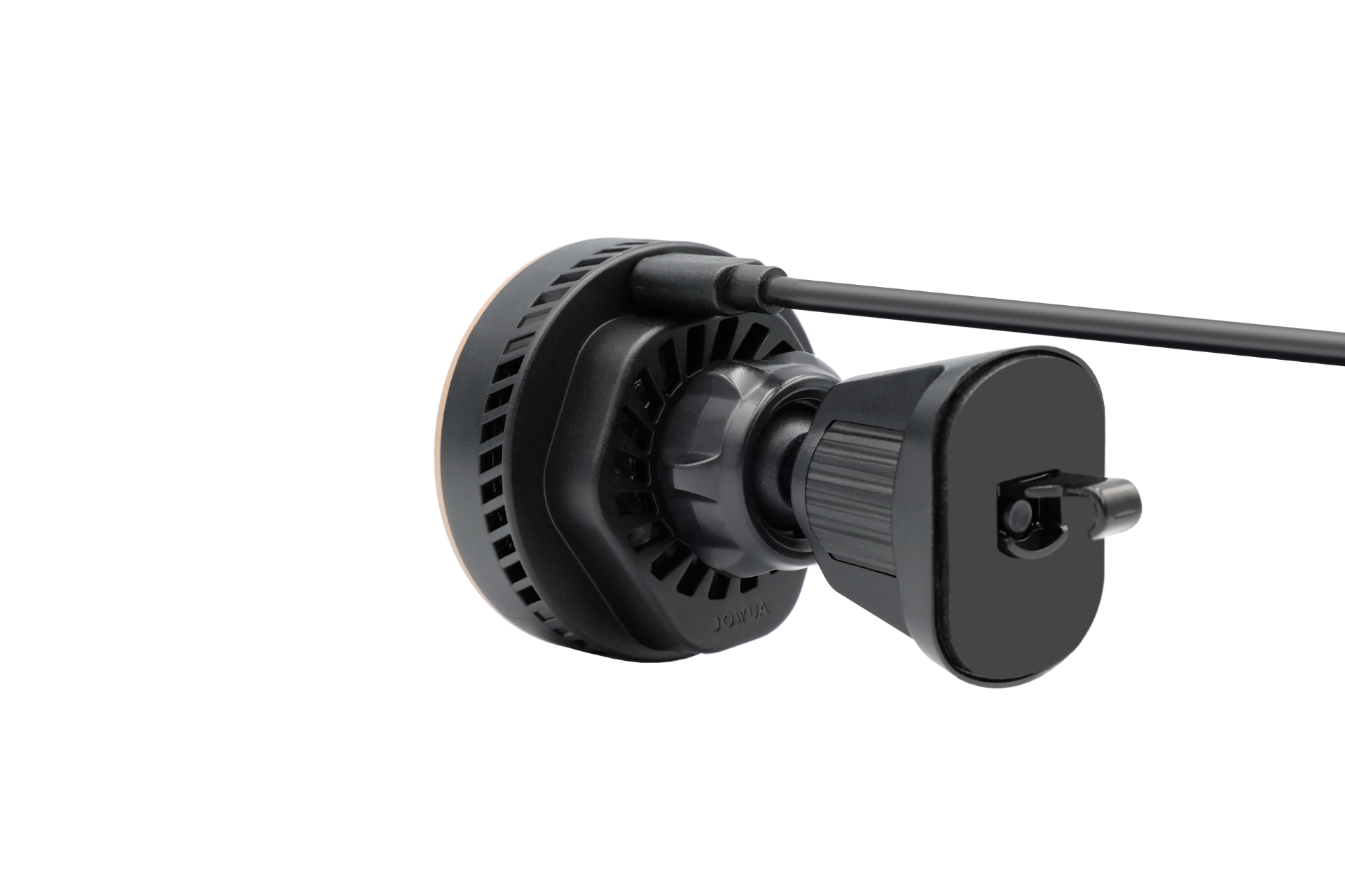 A close-up side view of the JOWUA Active Cooling Universal MagSafe Car Mount for Air Vents, a black device with a circular base, textured knob, and attached cable, featuring MagSafe wireless charging, shown on a plain white background.