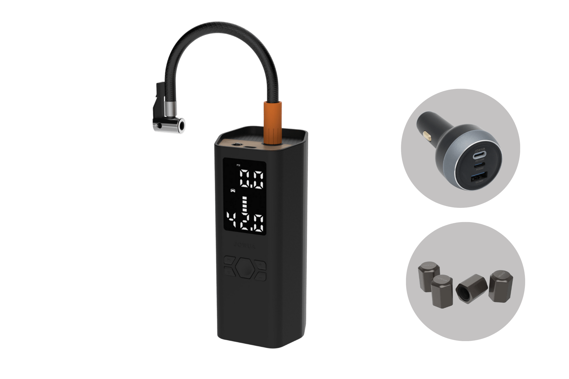 The JOWUA Portable Air Compressor + Charging Solution Kit is shown with a flexible hose, LED display, control buttons, car adapter featuring two USB ports for 100W high-speed charging, and three nozzle adapters.