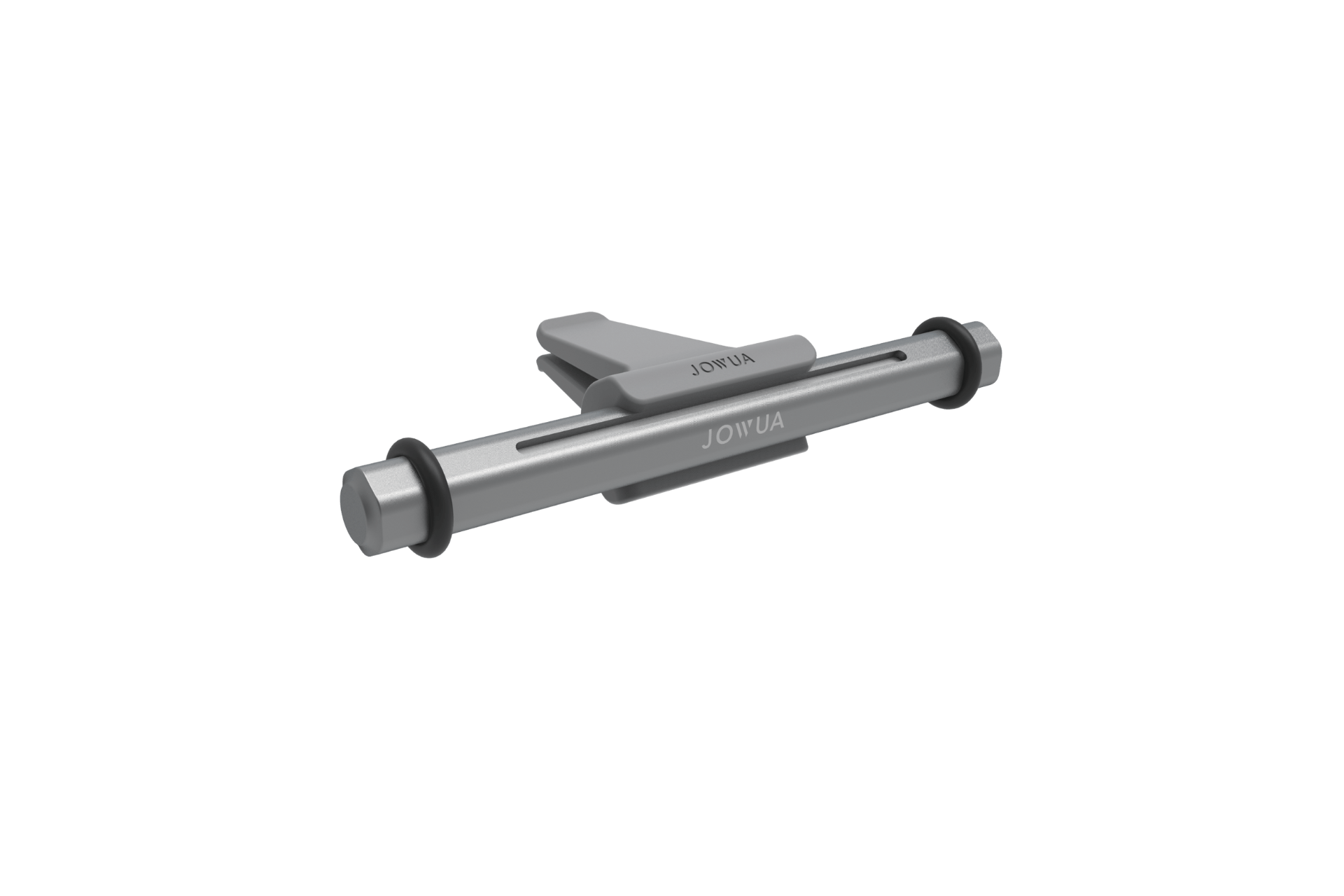 A silver cylindrical metal Tesla Air Freshener for Model S/3/X/Y by JOWUA, with black rubber rings on each end and a central handle engraved with the brand name, designed to hold plant-based essential oils for natural scents.