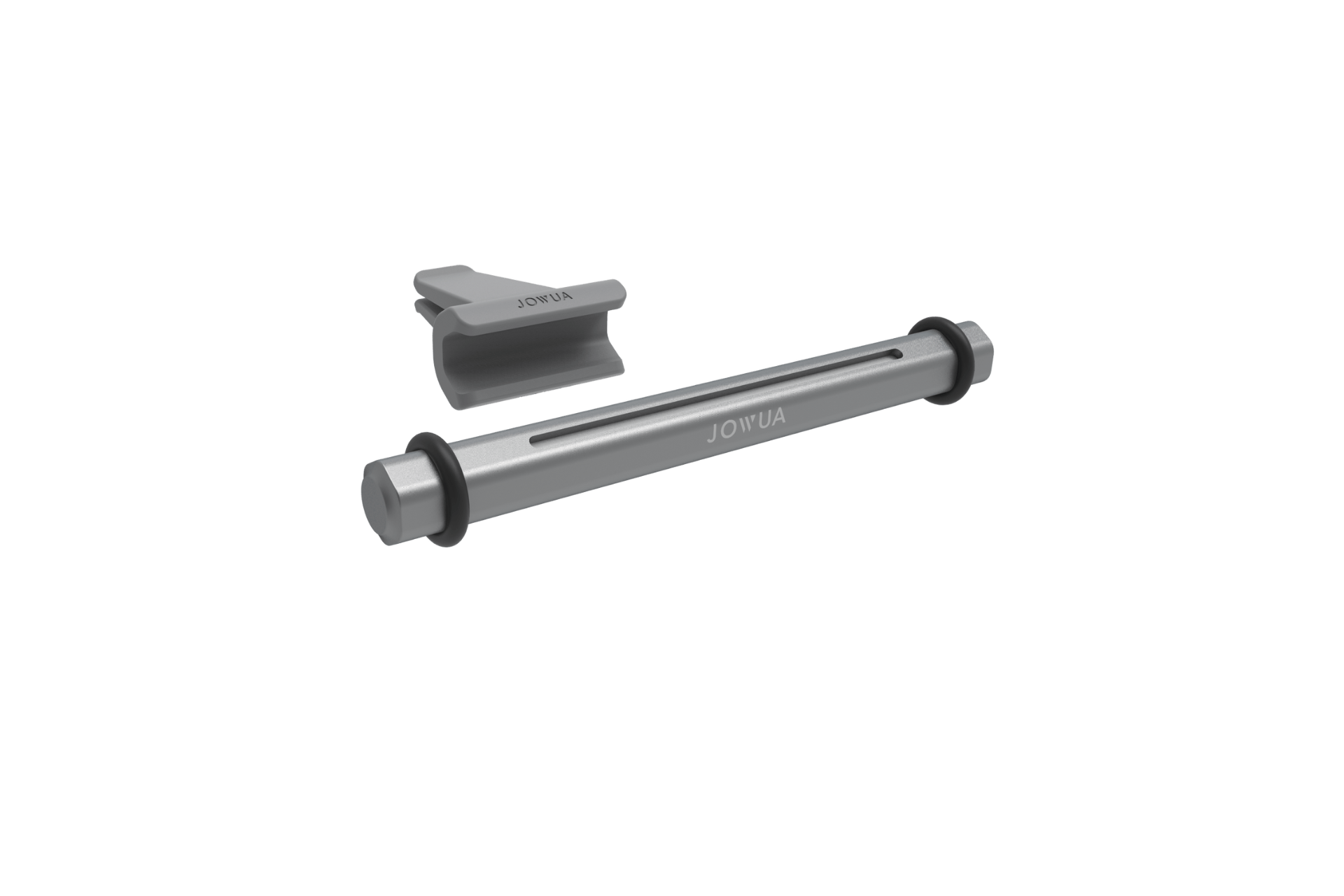 The JOWUA Tesla Air Freshener for Model S/3/X/Y features a metallic cylindrical bar with rubber ends and a gray "JOWUA" clip, filled with plant-based essential oils for natural scents, shown on a white background.