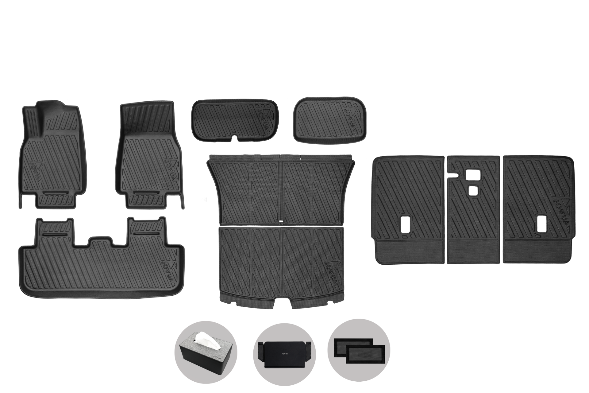 The JOWUA Model Y 2025+ Interior / Trunk Full Coverage Liner Combo, shown in black, with three circular close-ups below displaying edge detail, secure attachment points, and textured surface—ideal Tesla Model Y accessories.