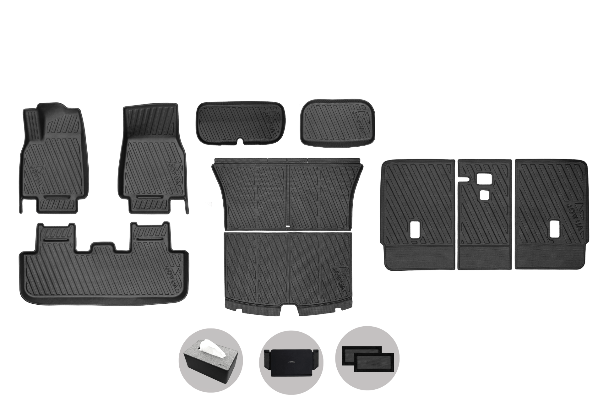 The JOWUA Model Y 2025+ Interior / Trunk Full Coverage Liner Combo, shown in black, with three circular close-ups below displaying edge detail, secure attachment points, and textured surface—ideal Tesla Model Y accessories.