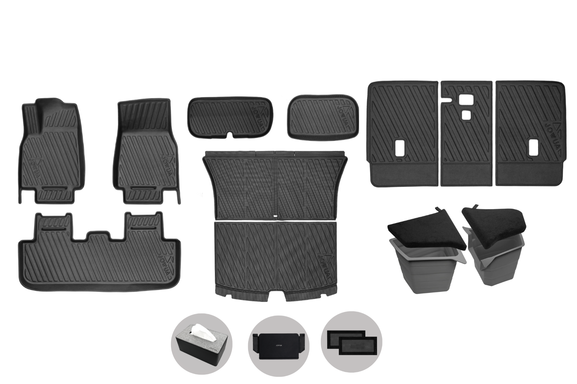The JOWUA Model Y 2025+ Interior / Trunk Full Coverage Liner Combo includes black all-weather floor liners (front, rear, cargo), a rear under seat air vent cover, and two grey storage bins. Four small images display features and compartments.