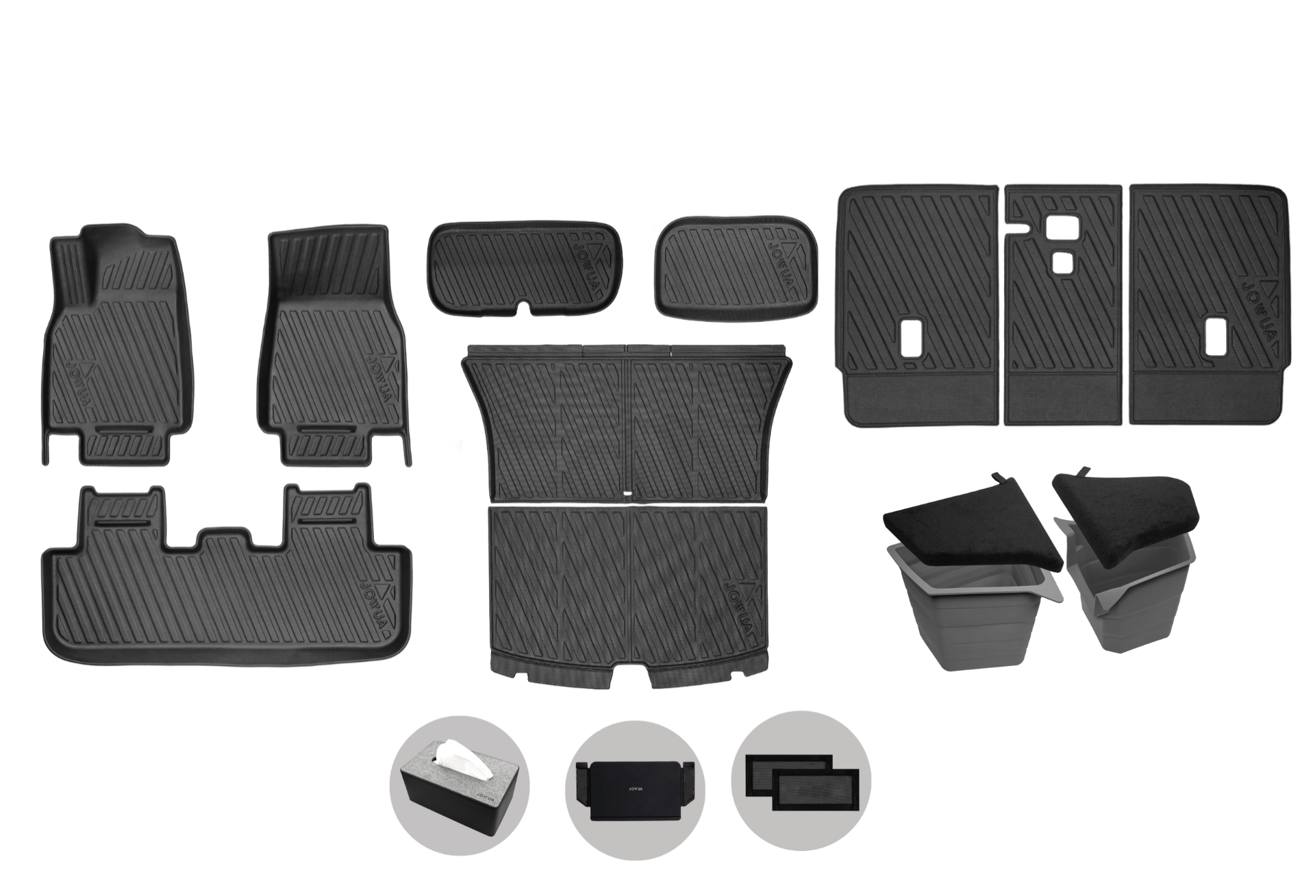 The JOWUA All-in-One Interior Upgrade Set – Model Y Juniper (2026+) includes black floor mats, trunk liners, and organizers with detailed circular insets—perfect for a seamless Tesla Model Y interior upgrade. Shown on a white background.
