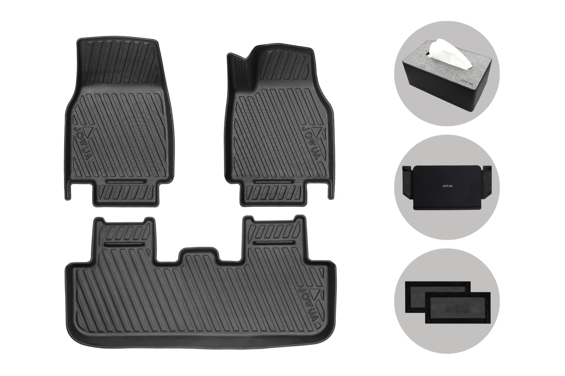 On the left are JOWUA black floor liners; on the right are a gray tissue box, a black car organizer, and two black sunshades—all part of the All-in-One Interior Upgrade Set (RHD) for Model Y Juniper (2025+).