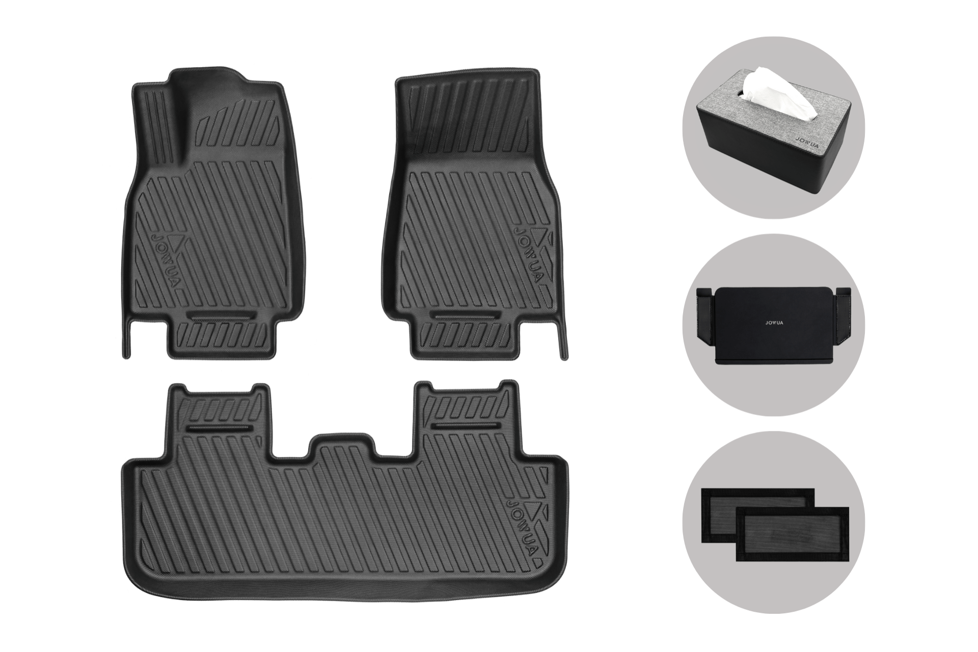 JOWUA Model Y (Juniper 2025+) All-Weather Floor Liners Combo, gray tissue box holder, black storage pouch with flap, and two rectangular black air filters are shown on a white background.