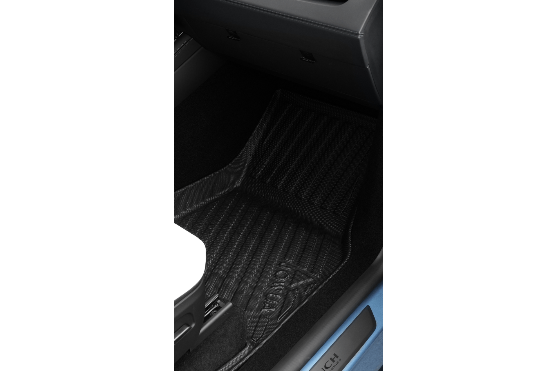 JOWUA Model Y (Juniper 2025+) All-Weather Floor Liners Combo installed on the passenger side of a vehicle with black interior and blue door sill trim.