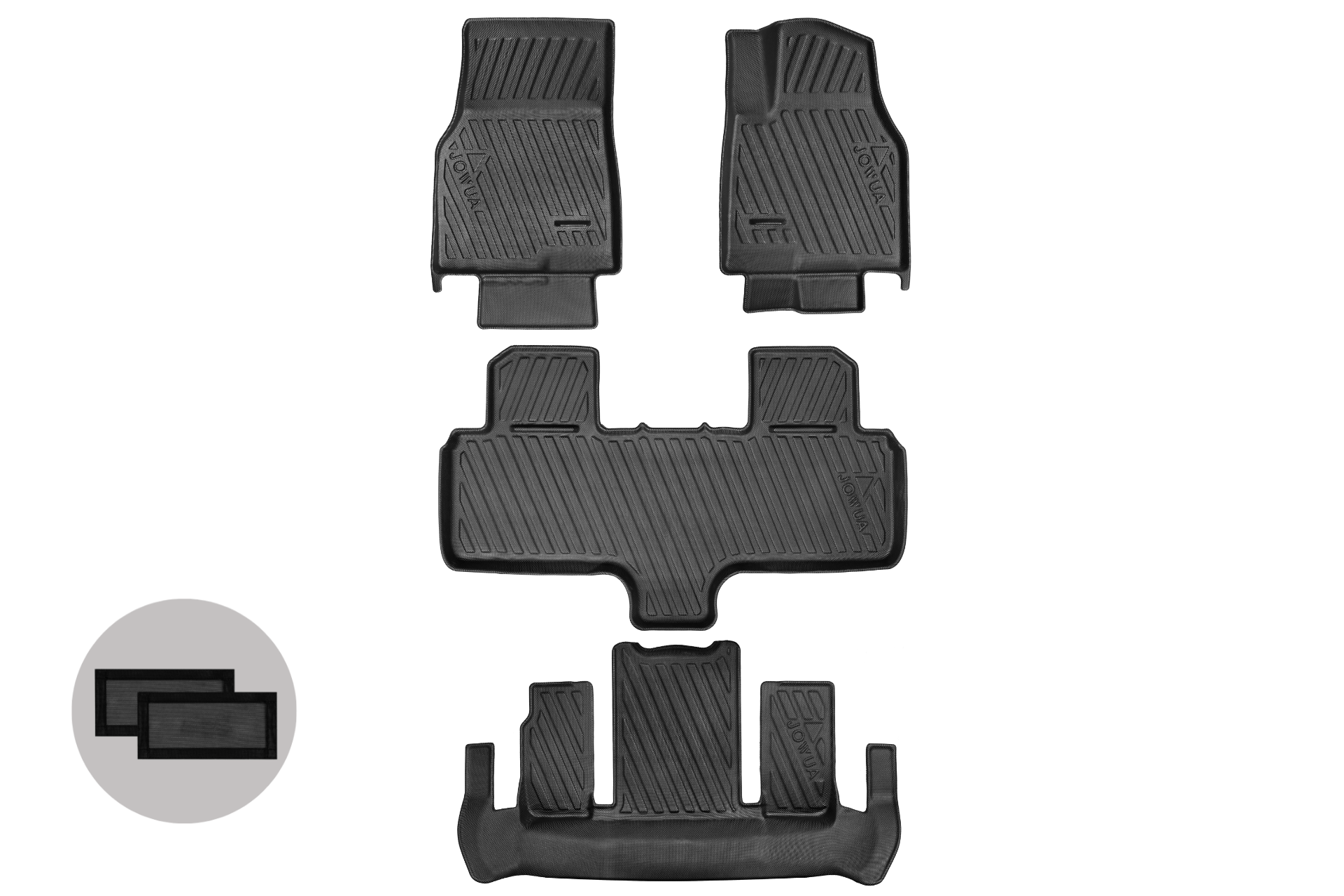 Set of four black, contoured JOWUA Model Y L (2026+) All Weather Floor Liners for right-hand drive vehicles, arranged on a light background, with a small round icon featuring stacked rectangles in the lower left corner.
