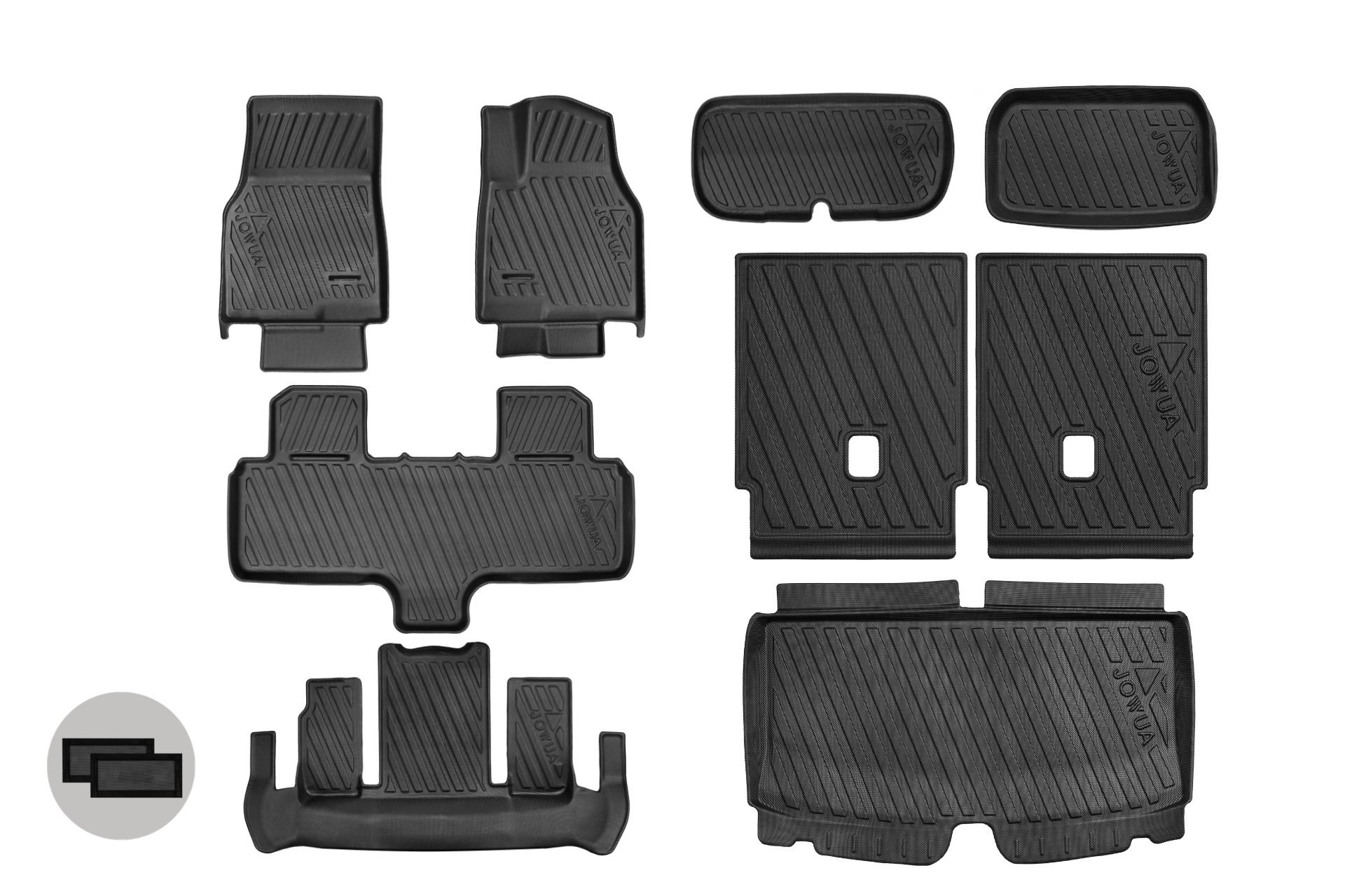 A set of black, custom-fit JOWUA Model Y L (2026+) Interior/Trunk Full Coverage Liner Combo (Right Hand Drive Version) is displayed on a white background, with each floor mat and rear under seat air vent cover arranged individually.