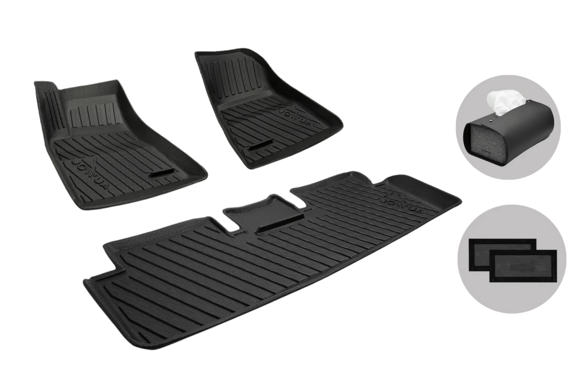 JOWUA Model 3 (2024+ Highland) All-Weather Floor Liners set includes three black mats, a rolled-up MagSafe Tissue Box Cover with tissue, and two rectangular filters, all shown on the right against a transparent background.