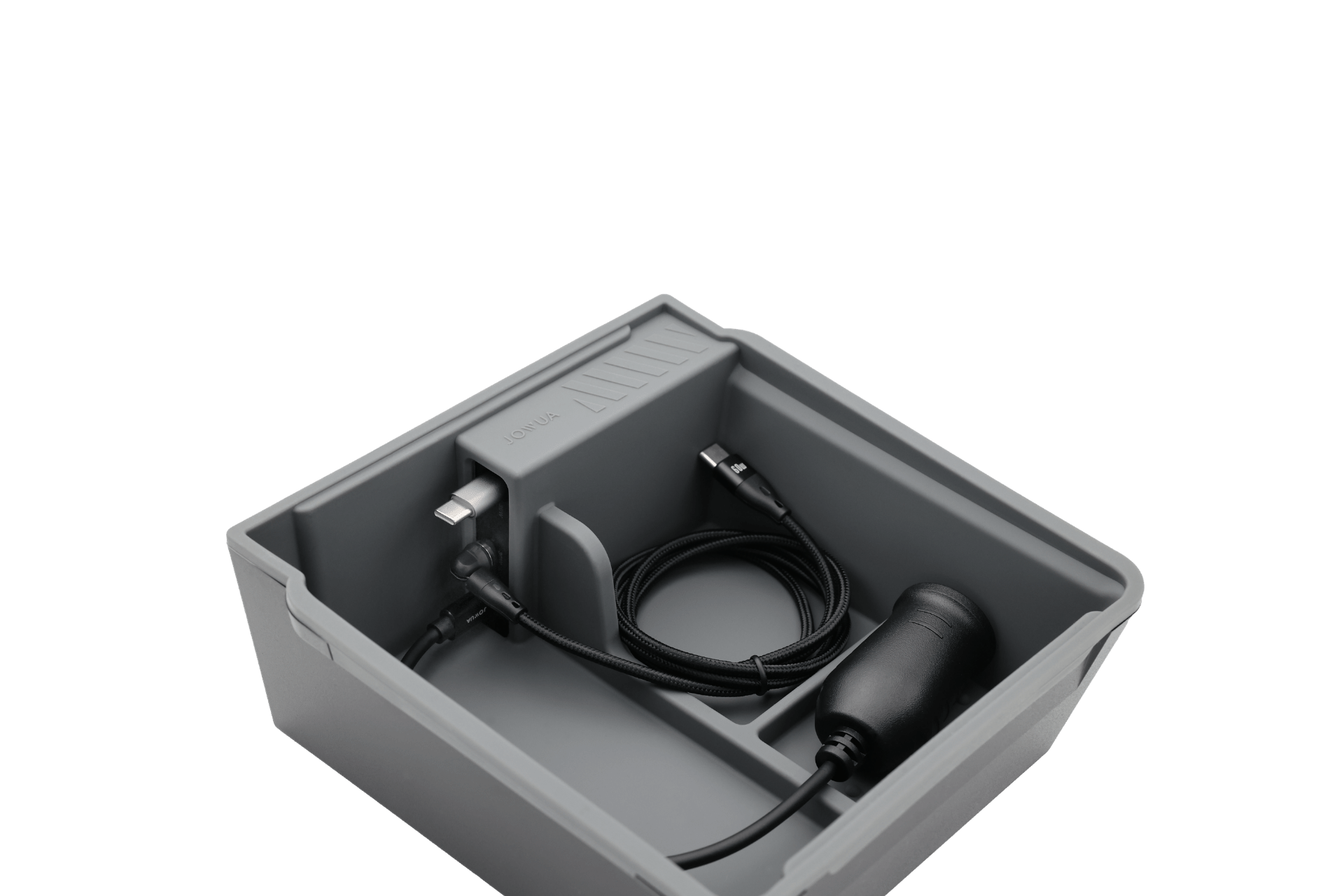 A gray plastic JOWUA Armrest Storage Organizer Set with Power HUB for Tesla Model Y Standard 2026+ is shown with a coiled black cable, power adapter, and plug inside. Contents are neatly divided; background is plain white.