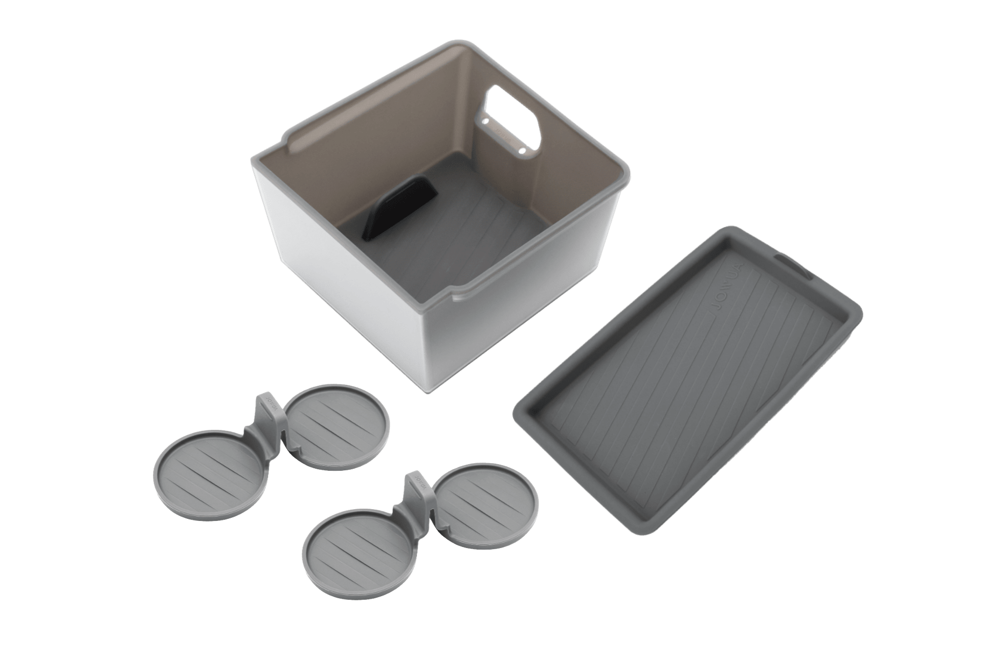 The JOWUA Armrest Organizer Set for Tesla Model 3/Y Standard 2026+ includes all parts, shown separated on a white background—ideal for organizing items such as an armrest organizer or silicone armrest mat.