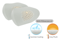 Two JOWUA Car Neck Pillows are shown, featuring ergonomic memory foam and hexagonal mesh. Icons highlight "With Pillowcase x4," "Summer Cooling" (blue symbol), and "Cozy Plush" (orange symbol) for excellent neck support.