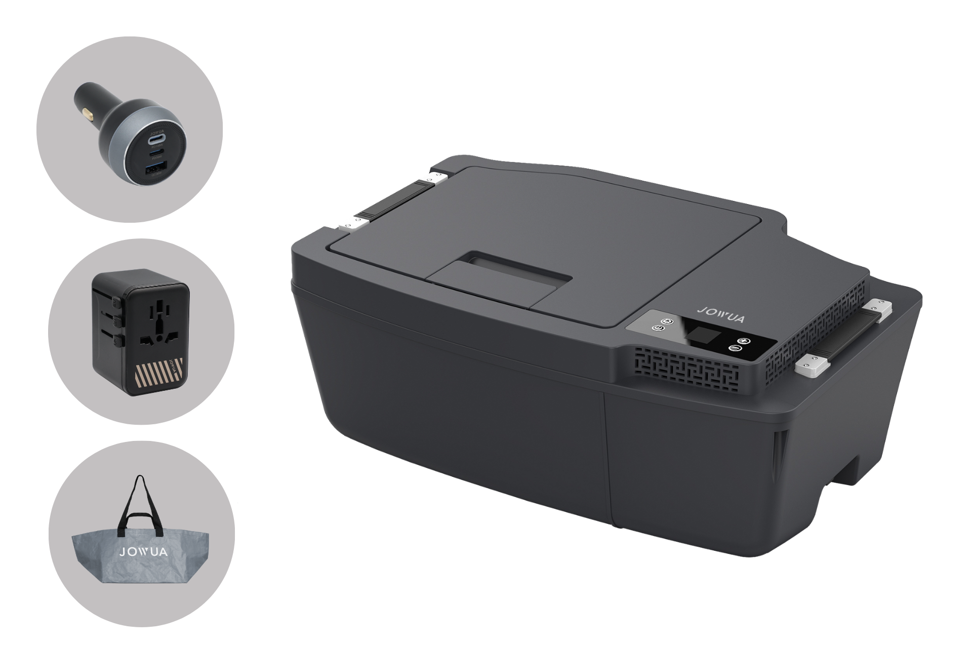 A compact black JOWUA car refrigerator for Tesla Model 3 (2018-2024/Standard 2026+) with a digital display, shown with a Type-C car charger, universal plug adapter, and a gray JOWUA carrying bag.