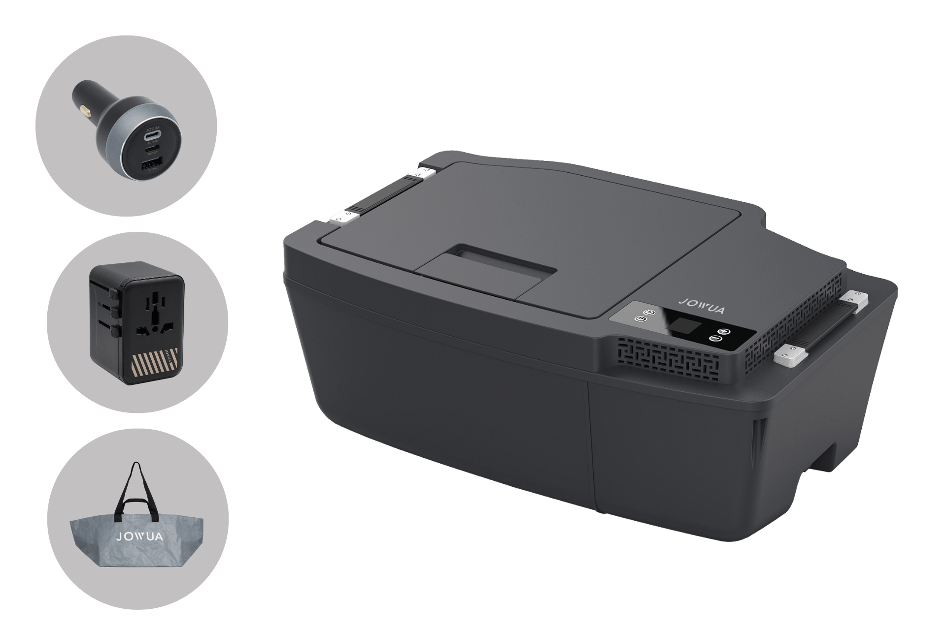 A compact black JOWUA car refrigerator for Tesla Model 3 (2018-2024/Standard 2026+) with a digital display, shown with a Type-C car charger, universal plug adapter, and a gray JOWUA carrying bag.