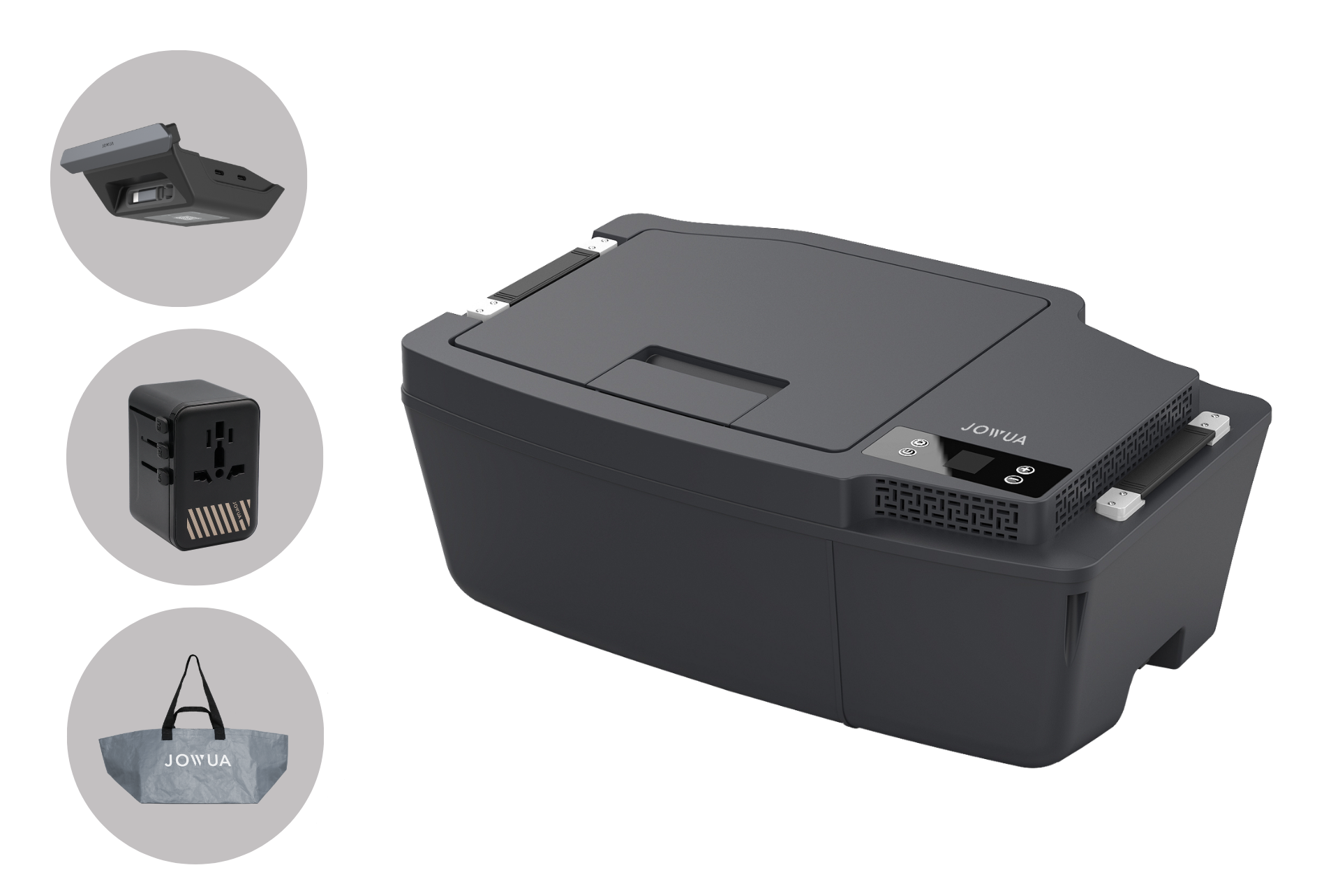 The JOWUA Car Refrigerator for Tesla Model 3 (2024-2026+, Premium/Performance) is a black portable fridge with a lid digital display, shown with car power adapter, universal wall plug, gray “JOWUA” bag, and dual-mode cooling USB-C power system.