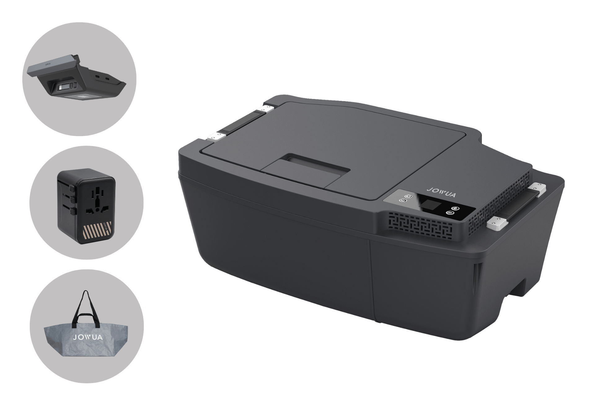 The JOWUA Car Refrigerator for Tesla Model 3 (2024-2026+, Premium/Performance) is a black portable fridge with a lid digital display, shown with car power adapter, universal wall plug, gray “JOWUA” bag, and dual-mode cooling USB-C power system.