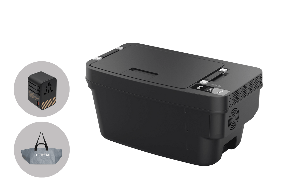 JOWUA Car Refrigerator for Tesla Model Y L (2026+) in black, featuring an intelligent dual-mode cooling digital display, a power adapter, and a gray carrying bag.