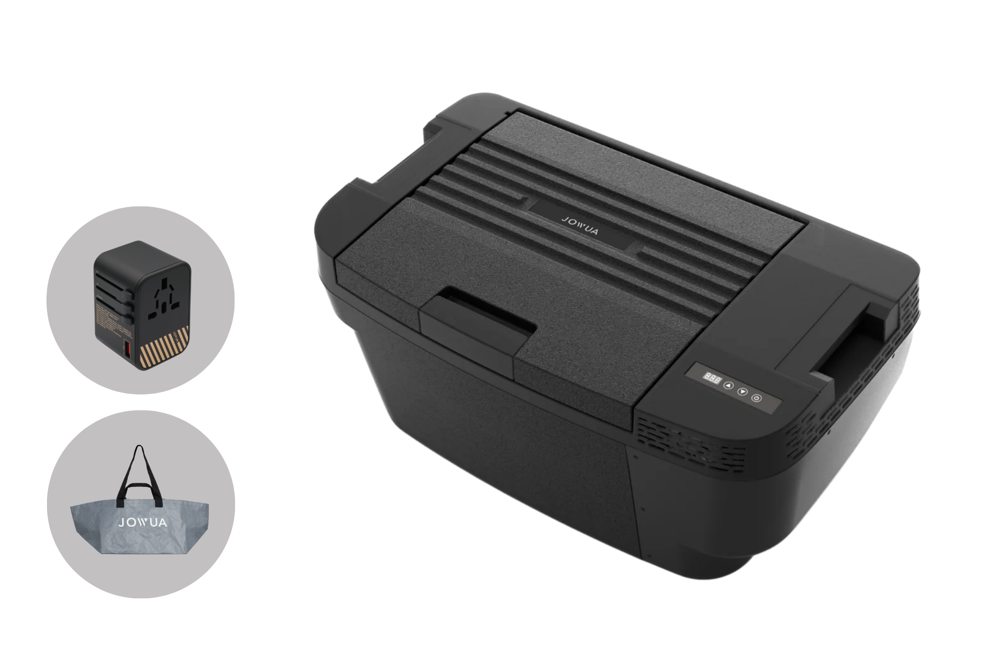 A Car Refrigerator for Tesla Model Y by JOWUA, shown with a universal power adapter and a gray carrying bag labeled "JOWUA." Features USB-C power mode for convenience, all set against a plain white background.