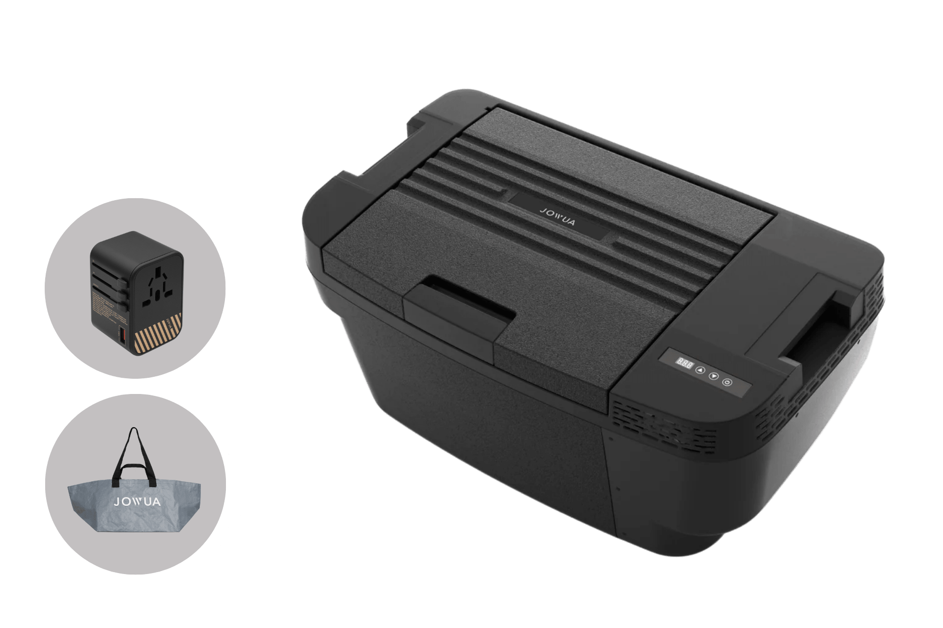 A Car Refrigerator for Tesla Model Y by JOWUA, shown with a universal power adapter and a gray carrying bag labeled "JOWUA." Features USB-C power mode for convenience, all set against a plain white background.