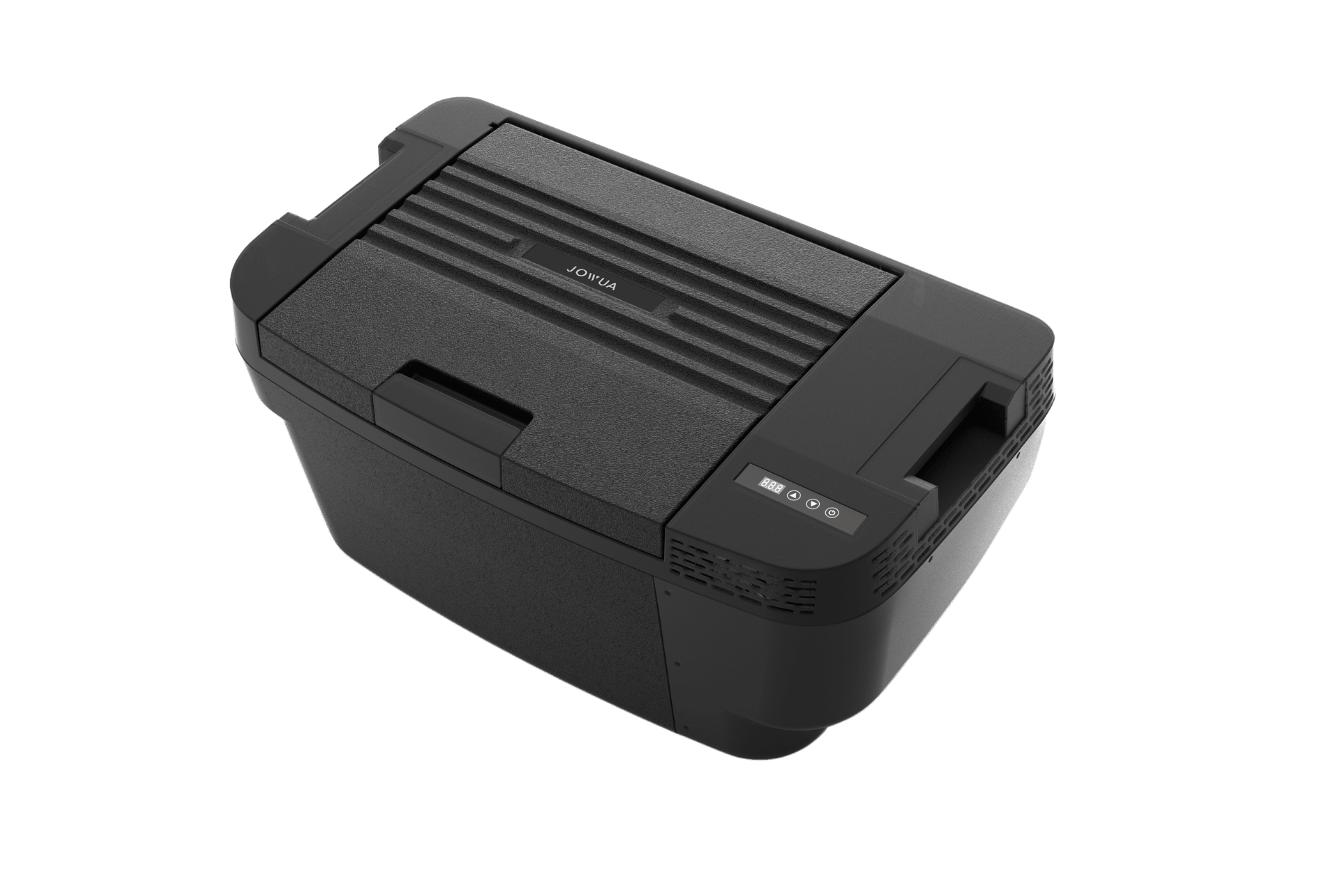 A black, rectangular JOWUA Car Refrigerator for Tesla Model Y featuring a digital control panel on the top right and versatile USB-C power options, shown from a high angle against a plain white background.
