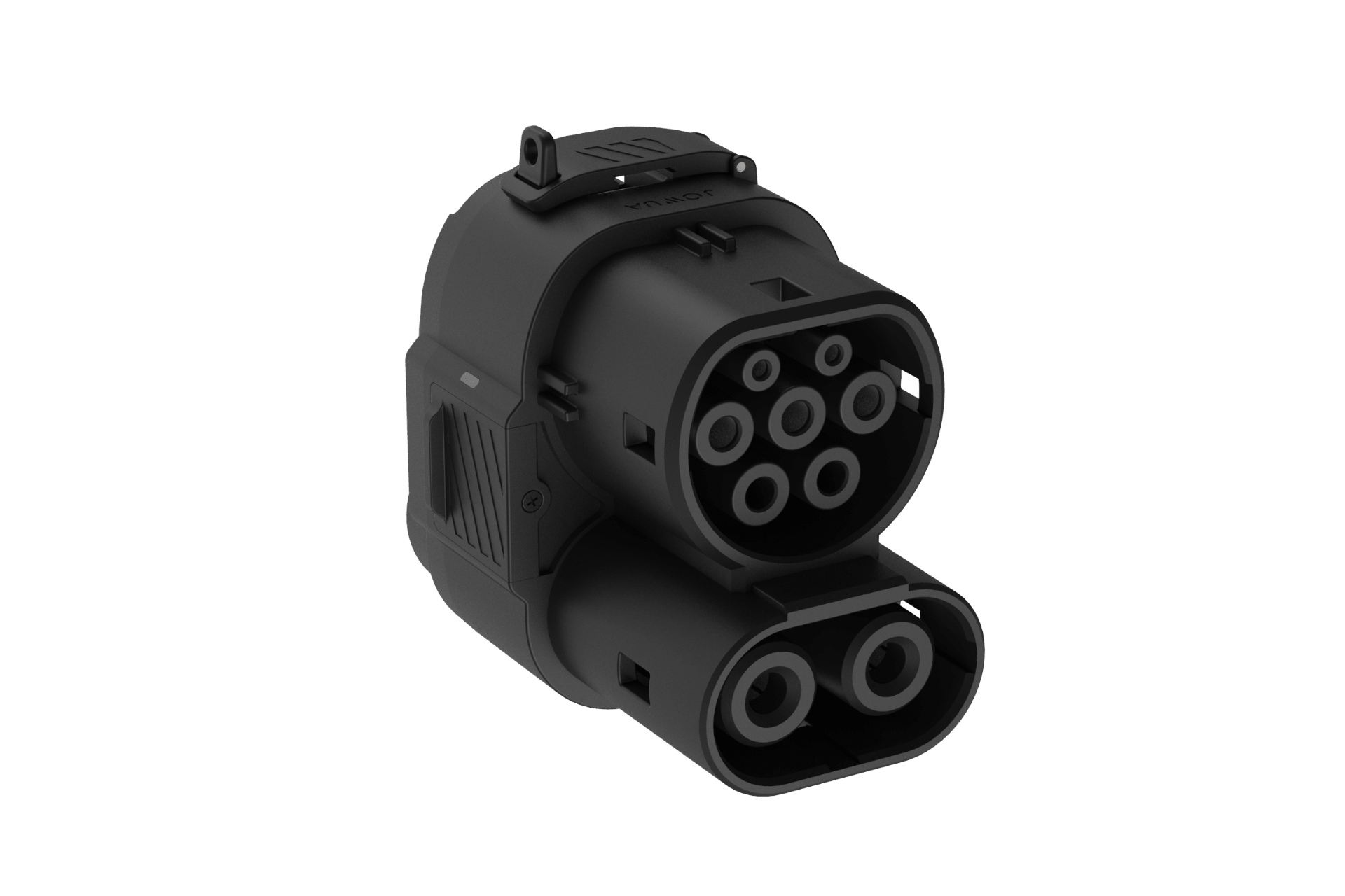 The JOWUA CCS1 to CCS2 DC & AC Combined Adapter, a black EV charging adapter with circular and oval ports for DC fast charging, is shown isolated on a plain white background.