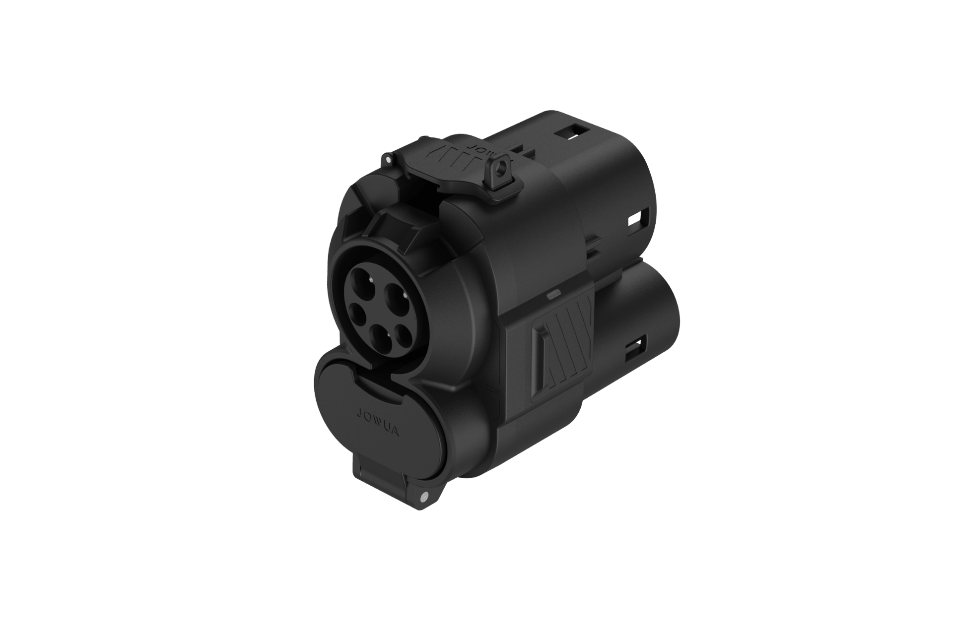 The JOWUA CCS1 to CCS2 DC & AC Combined Adapter, a black EV charging adapter with multiple circular ports for connecting different chargers and supporting DC fast charging, is shown against a plain white background.