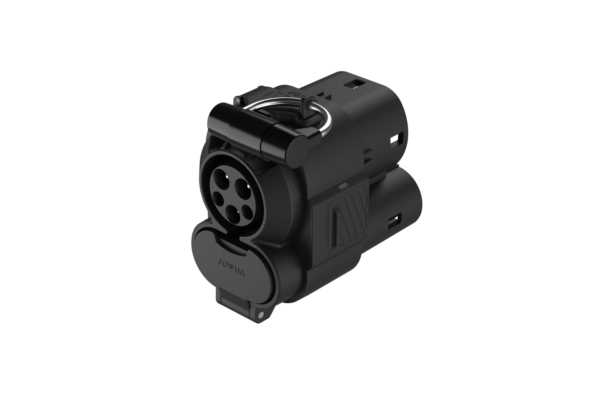 The JOWUA CCS1 to CCS2 DC & AC Combined Adapter is a black EV charging accessory with a circular connector and three round pins, designed for seamless connection between different charging ports, shown against a white background.