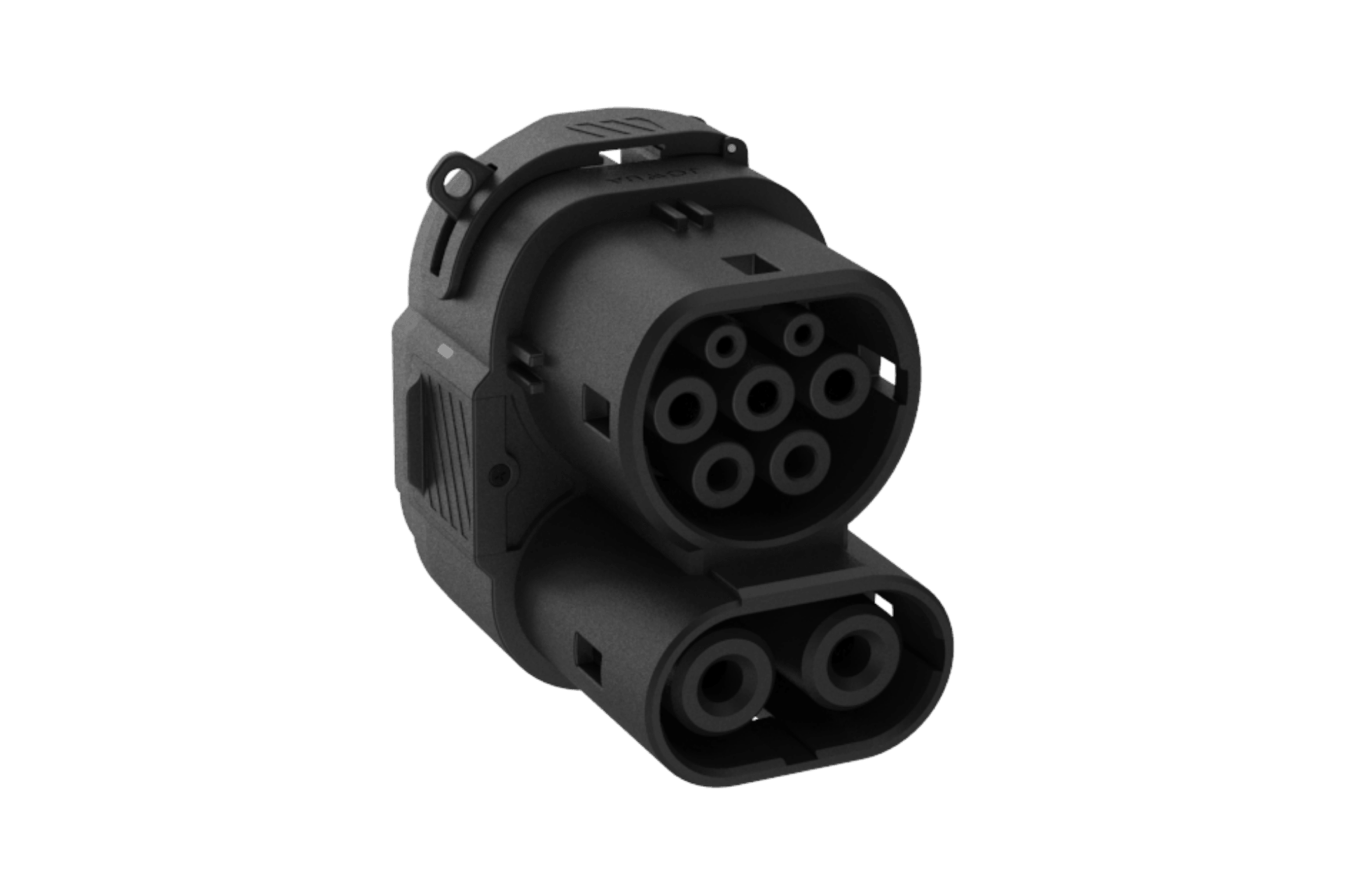 The JOWUA CCS1 to CCS2 DC & AC Combined Adapter is black and features seven circular pins on top with two larger round holes below, designed for EV charging and DC fast charging compatibility.
