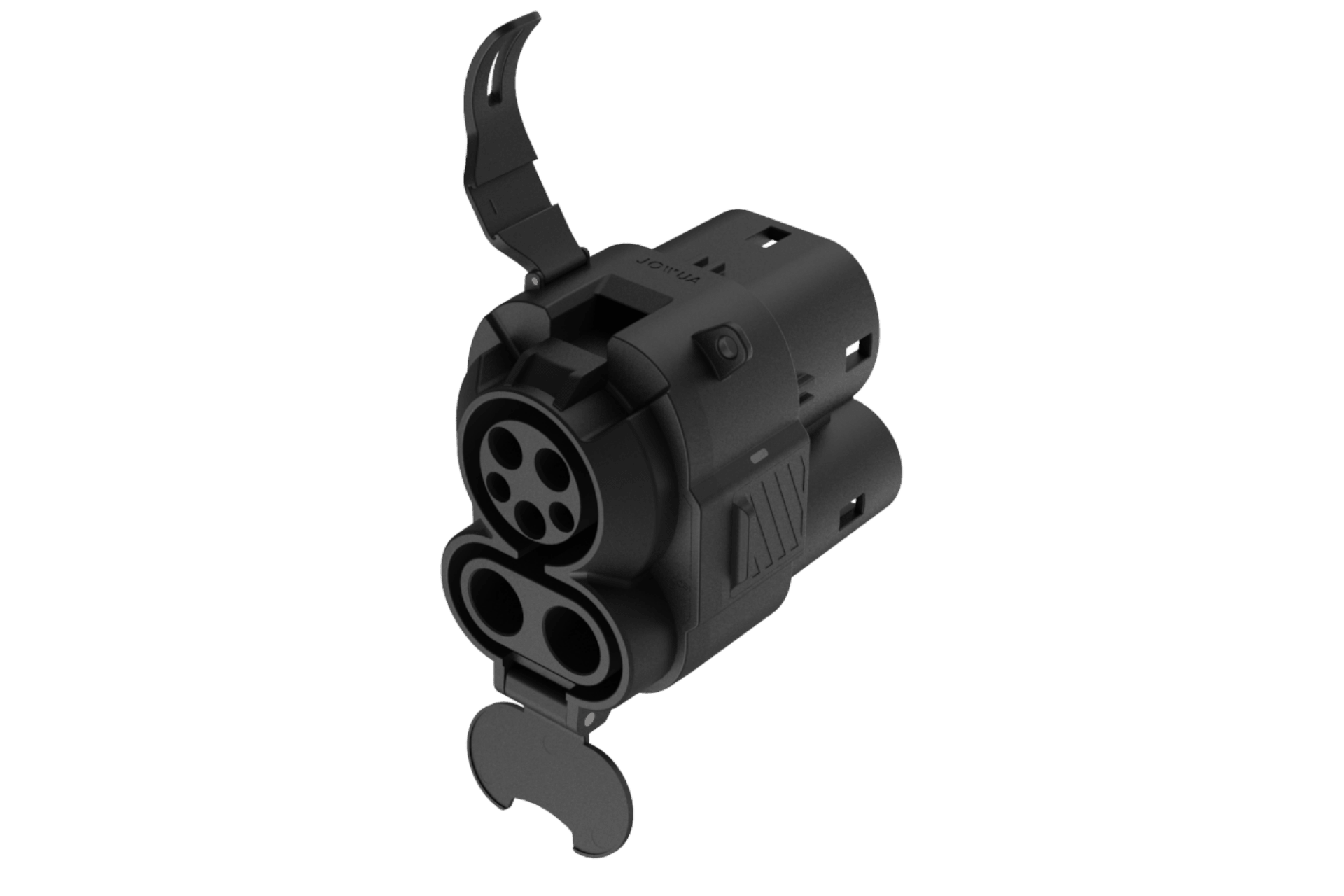 The JOWUA CCS1 to CCS2 DC & AC Combined Adapter, a black electric vehicle charging connector with flip-open cover and multiple contact points, is displayed on a plain white background.