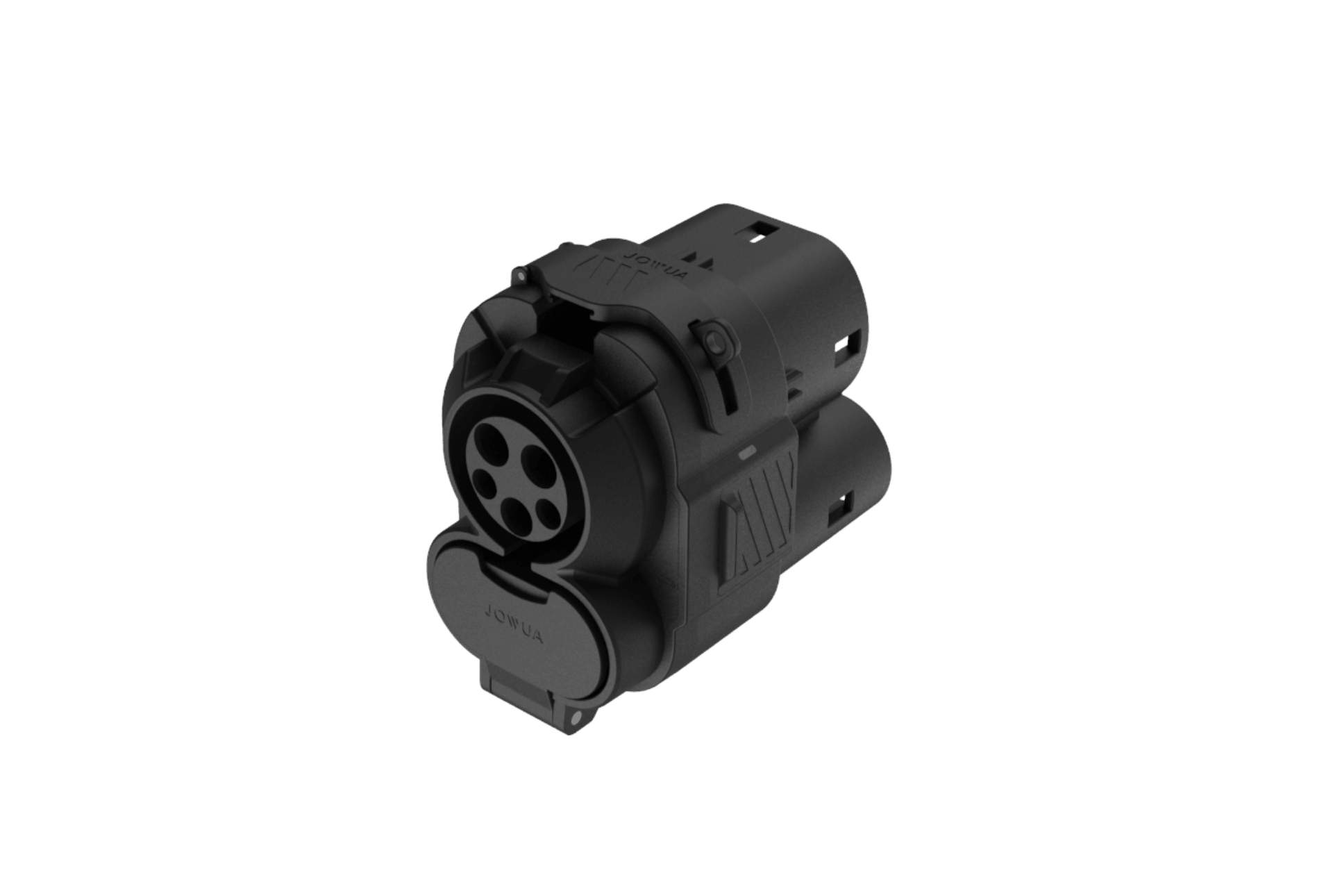 The JOWUA CCS1 to CCS2 DC & AC Combined Adapter, shown in black with multiple circular pins and a "TOP" protective cap on a white background, offers enhanced compatibility for EV charging.