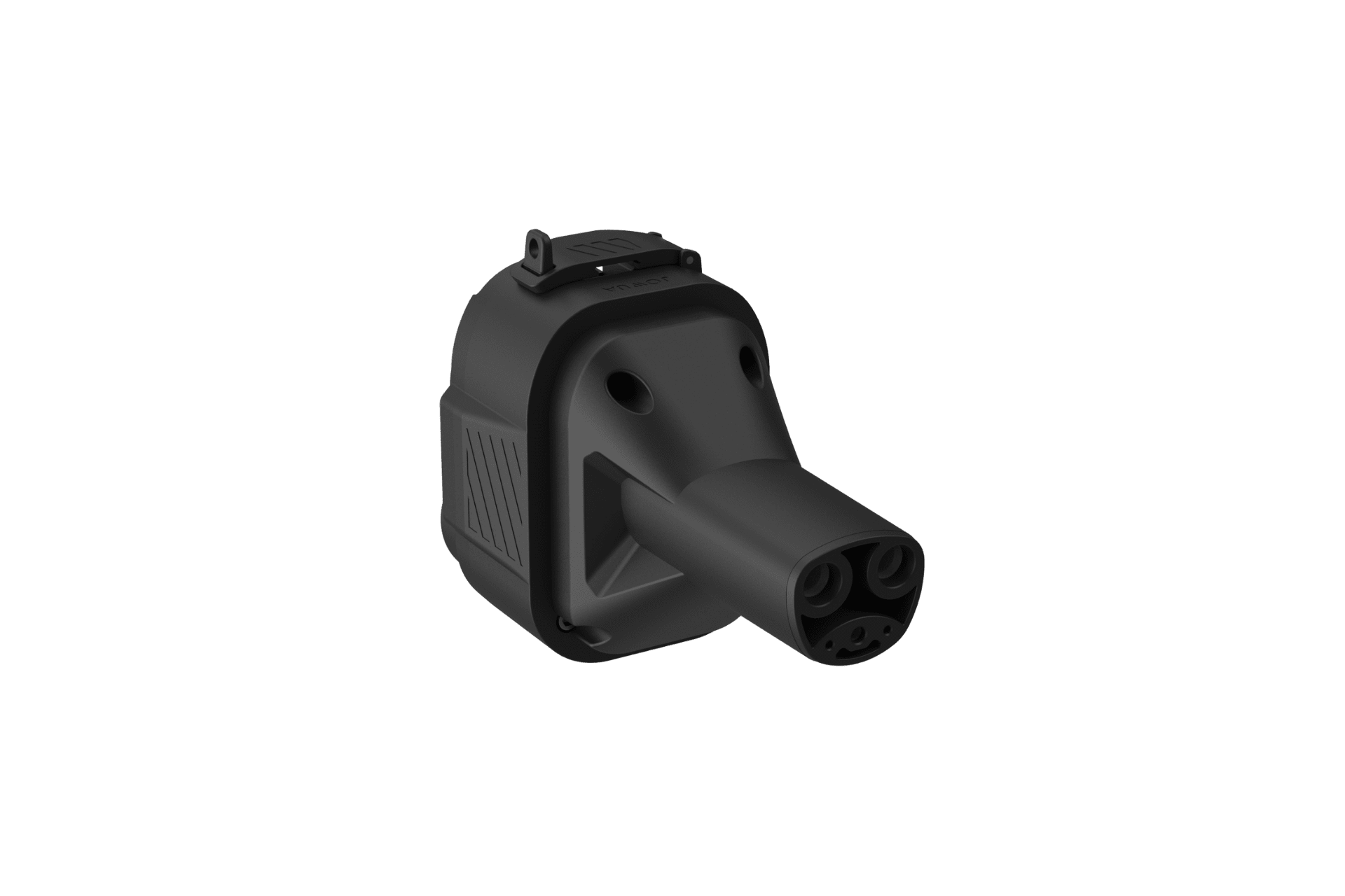 The JOWUA CCS1 to NACS DC & AC Charging Adapter is a black connector with a rectangular body and round front with three plug holes, shown on a plain light gray background, designed for NACS charging compatibility.