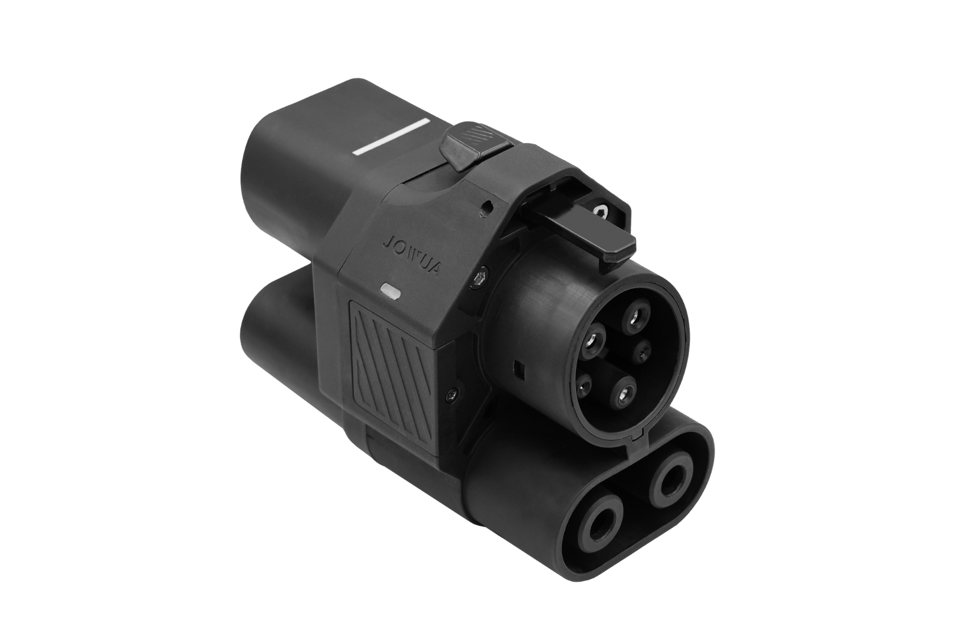 The JOWUA CCS2 to CCS1 DC & AC Combined Adapter is a black charging adapter with multiple round pins, two cylindrical sockets, a top latch, and textured grip—ideal for fast EV charging.