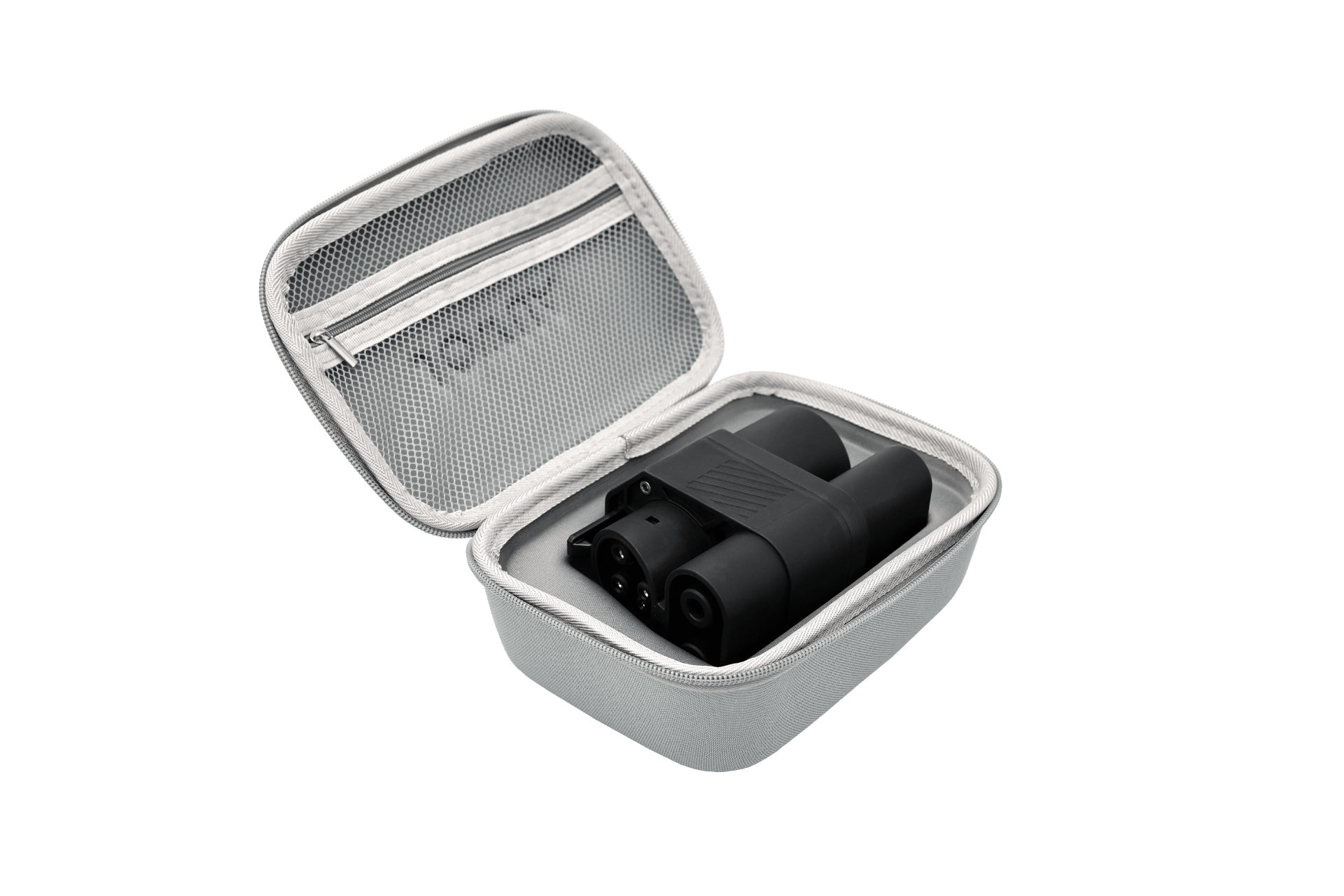 A compact, hard-shell zippered case with an inner mesh pocket holds a black JOWUA CCS2 to CCS1 DC & AC Combined Adapter, shown on a white background.