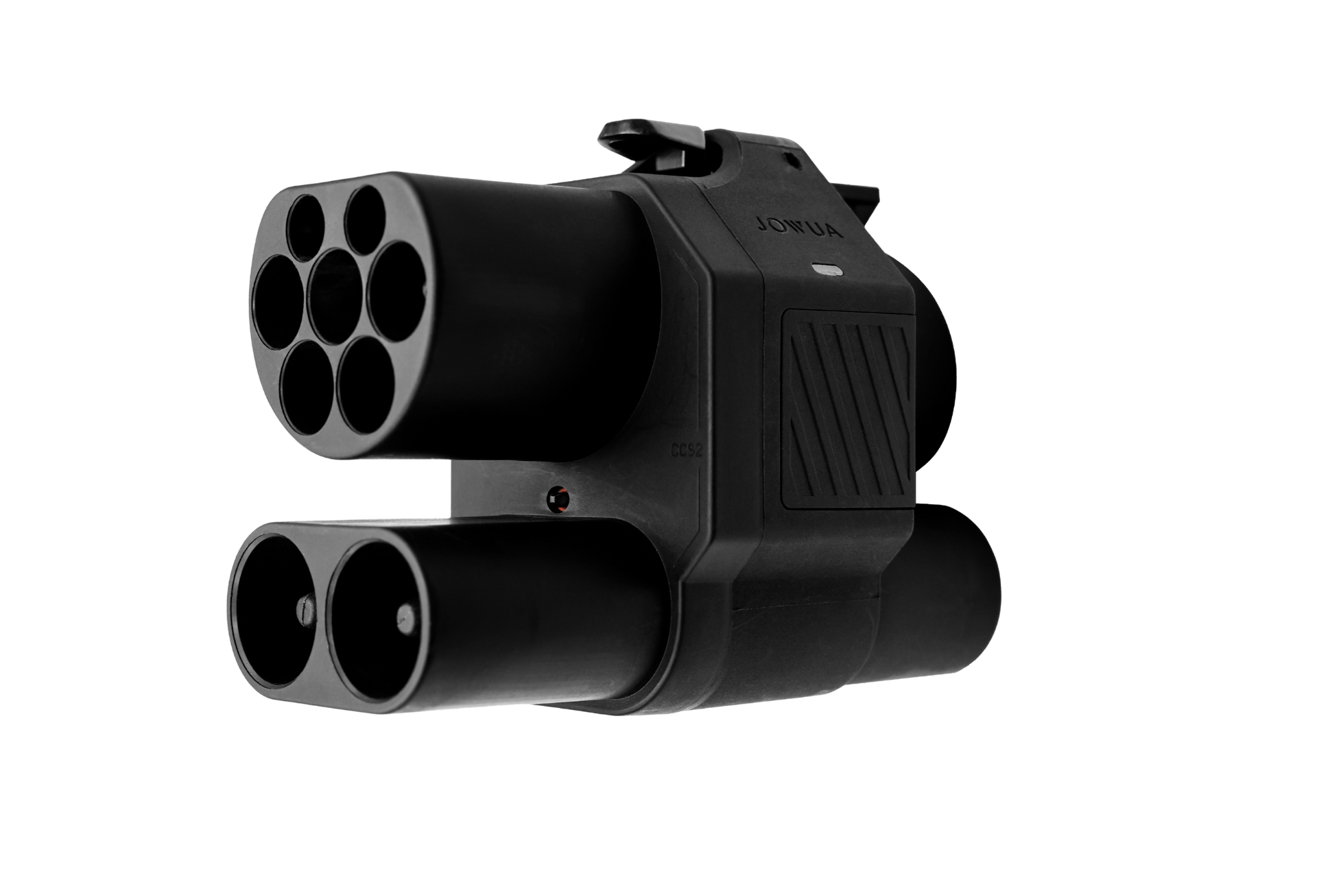 A close-up of the JOWUA CCS2 to CCS1 DC & AC Combined Adapter, a black device with six ports on top and two larger ports below, resembling a multi-barreled launcher, shown isolated on a white background.
