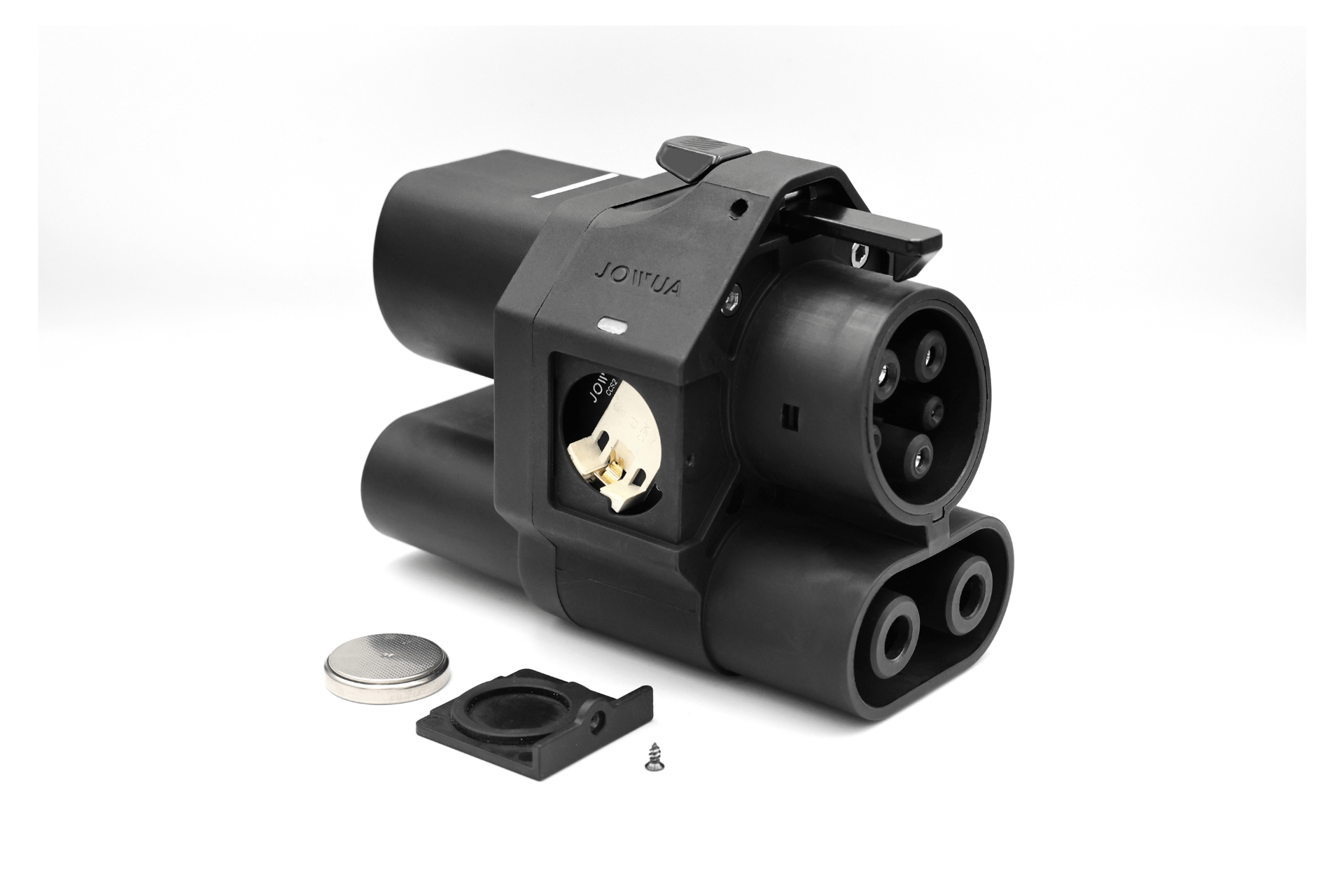 A close-up of the JOWUA CCS2 to CCS1 DC & AC Combined Adapter, featuring multiple round pins, shown with a coin cell battery, a small screw, and a rectangular black cover on a white background.